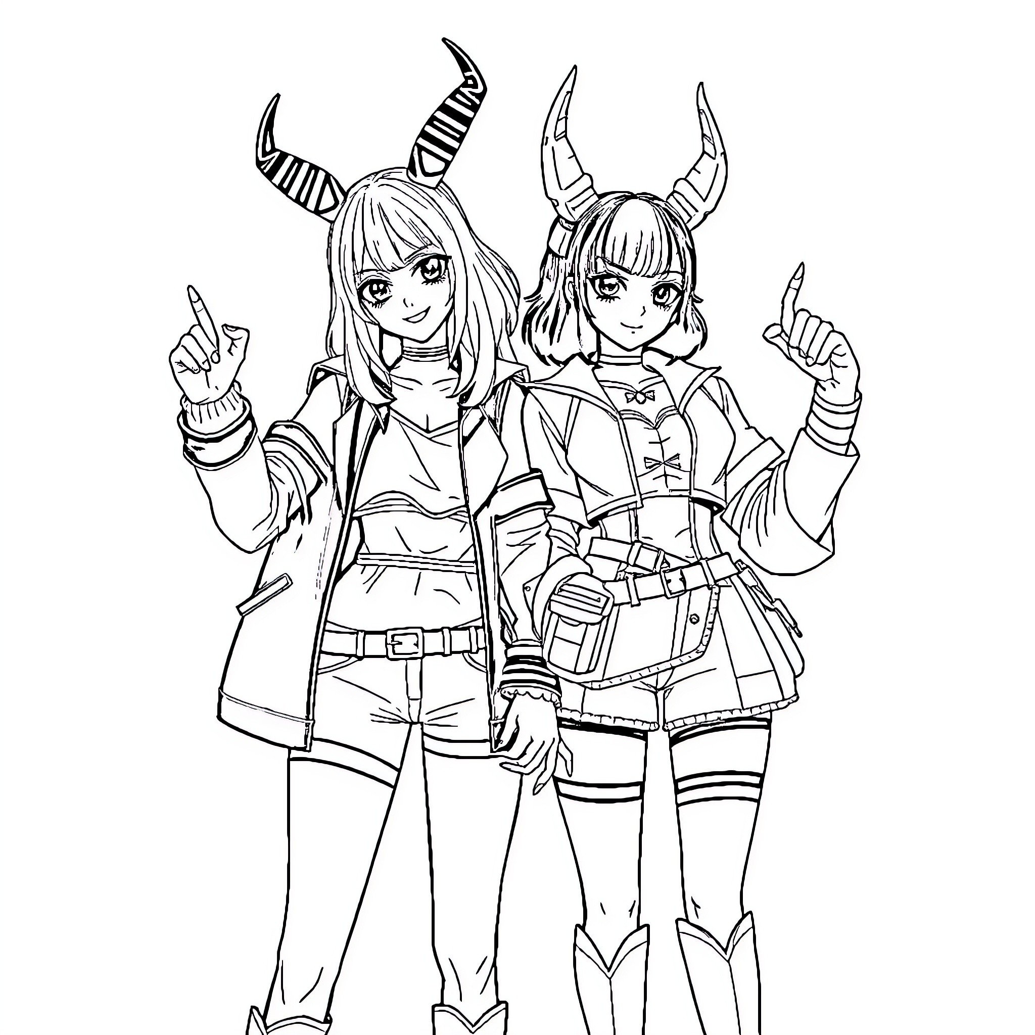 Rumi's Adventurous Duo Posing with Spirit Coloring Page (free black-and-white line drawing printable PDF for all, from beginners to advanced learners, including children, teens, adults, and seniors)