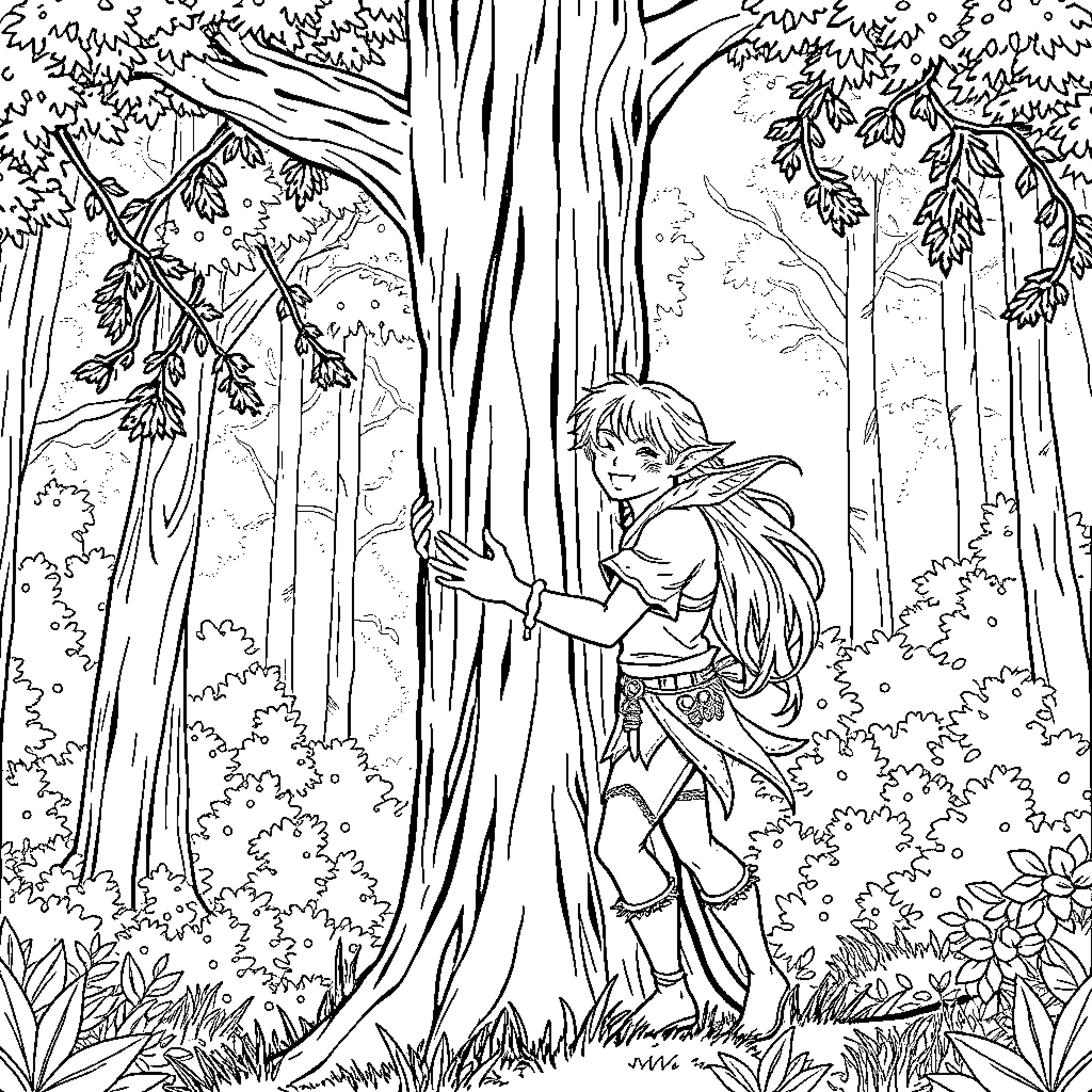 Elf exploring the enchanted forest Coloring Page (free black-and-white line drawing printable PDF for all, from beginners to advanced learners, including children, teens, adults, and seniors)