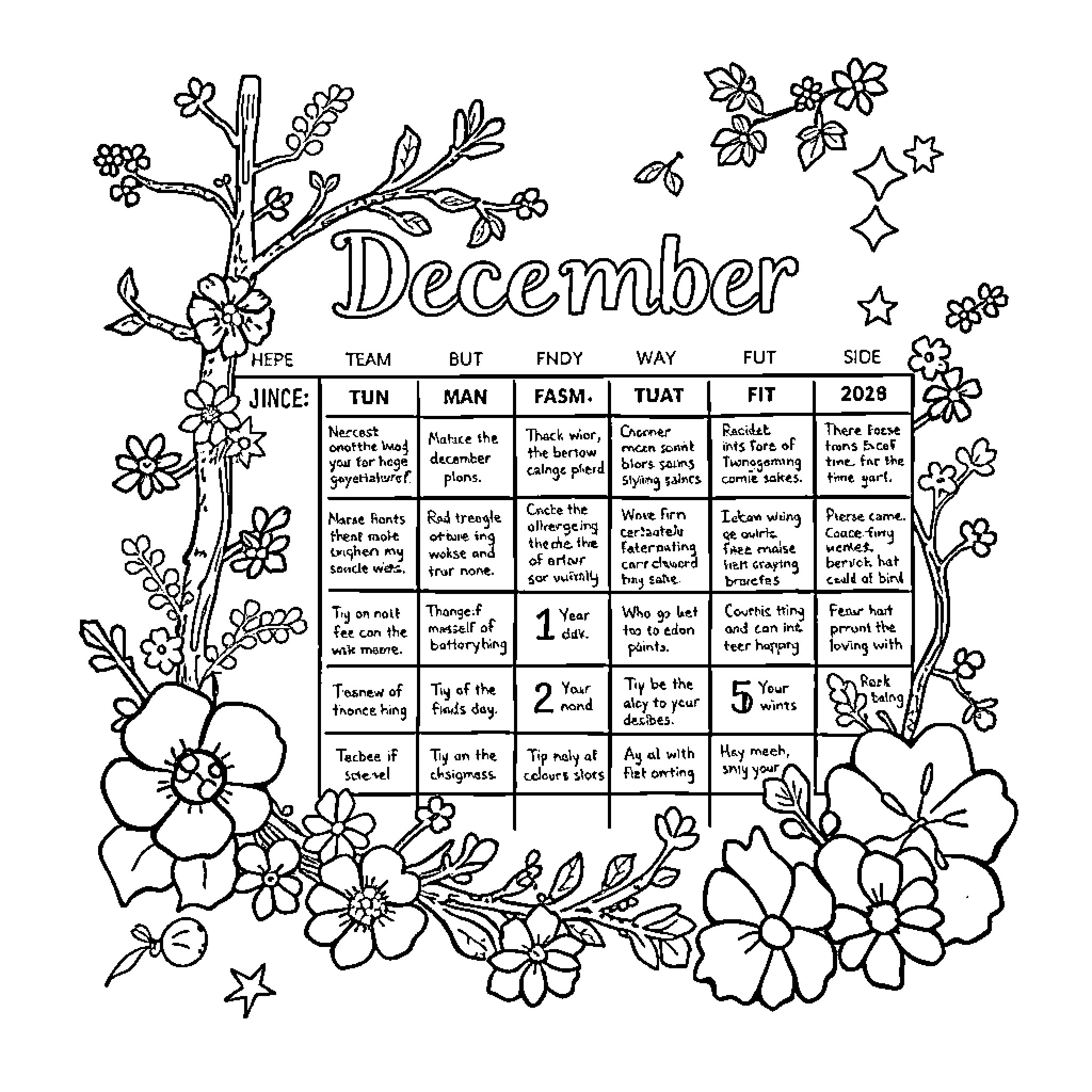 Organizer with floral elements depicting December tasks Coloring Page (free black-and-white line drawing printable PDF for all, from beginners to advanced learners, including children, teens, adults, and seniors)