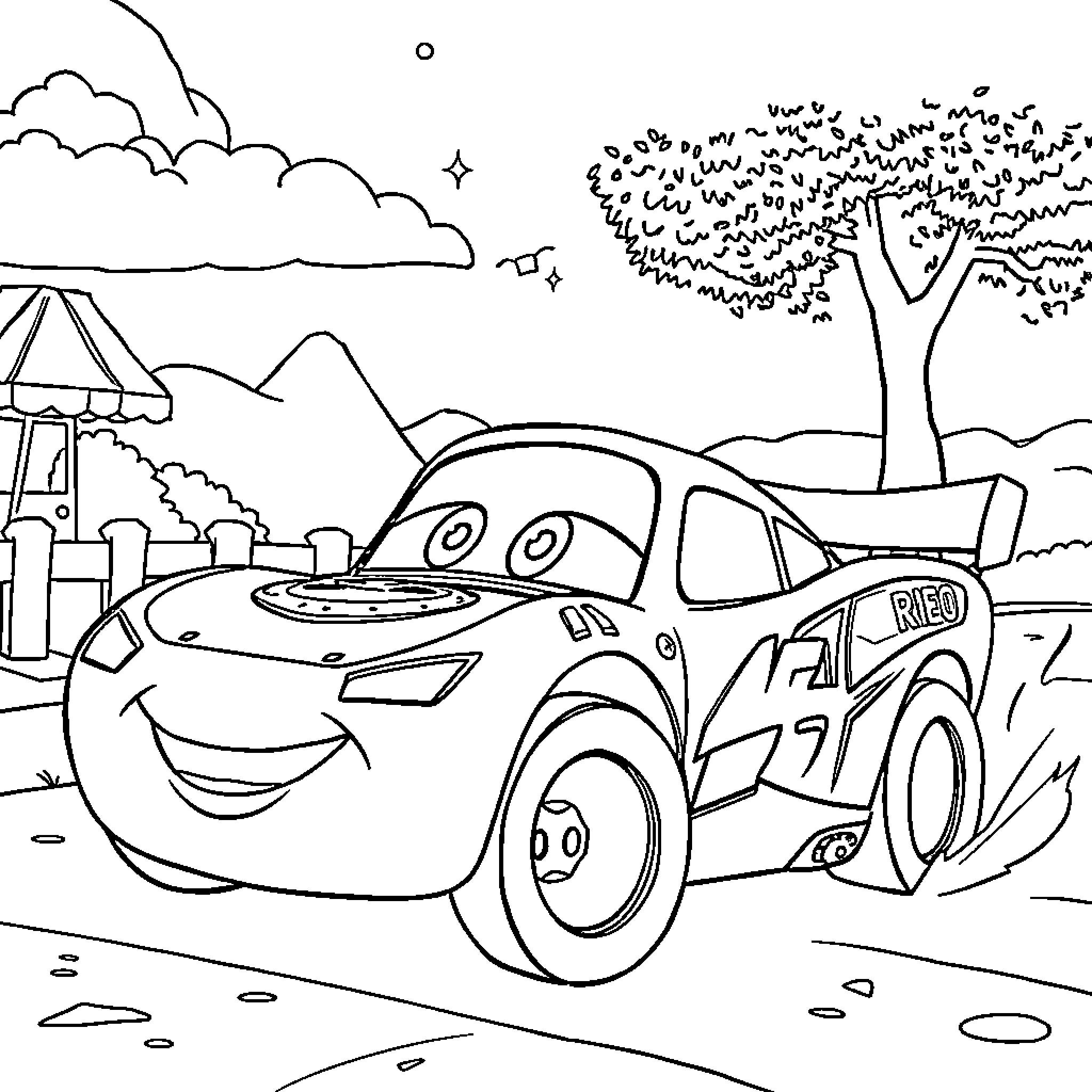 McQueen racing through the countryside Coloring Page (free black-and-white line drawing printable PDF for all, from beginners to advanced learners, including children, teens, adults, and seniors)