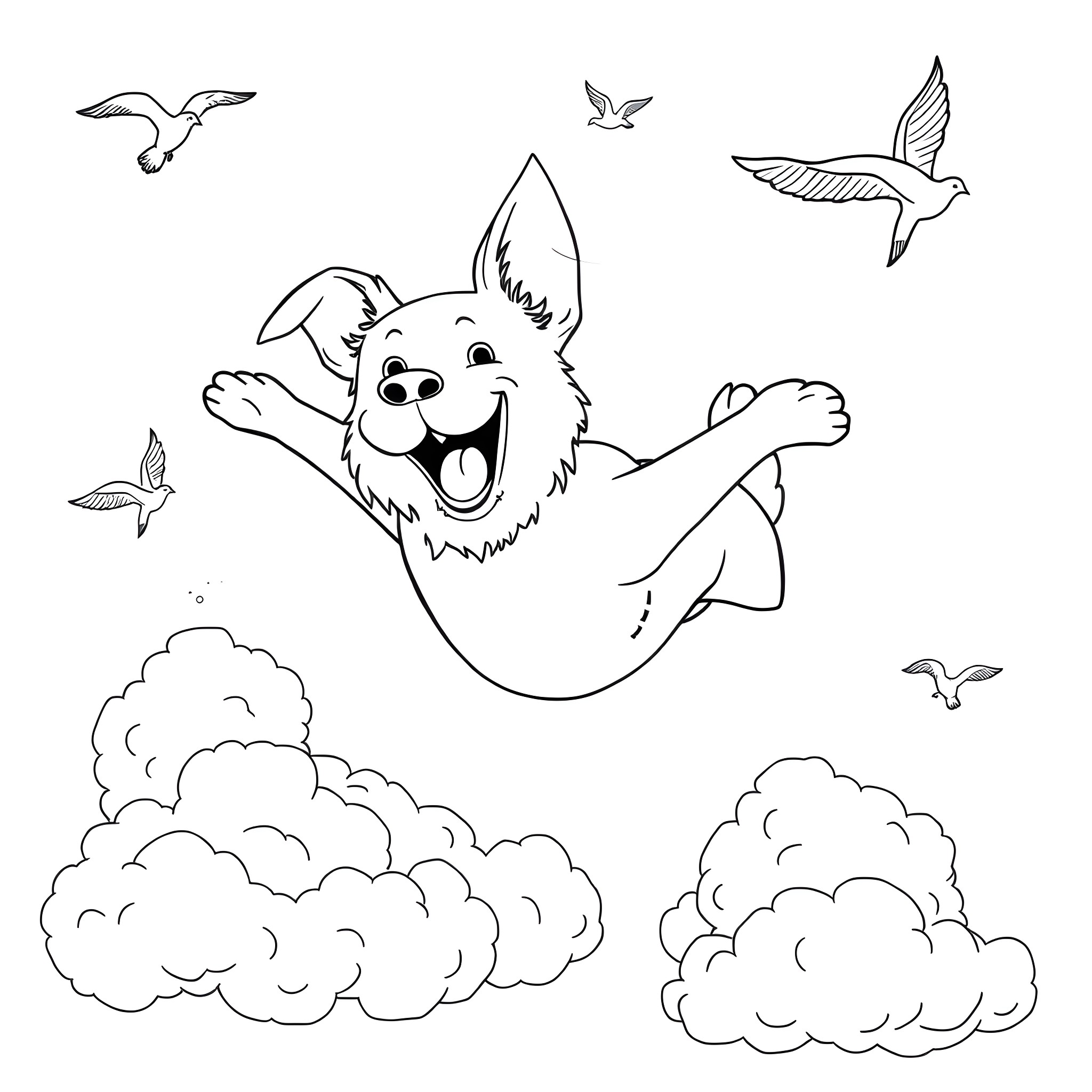 Flying Dog Joyfully Soaring in the Clouds Coloring Page (free black-and-white line drawing printable PDF for all, from beginners to advanced learners, including children, teens, adults, and seniors)