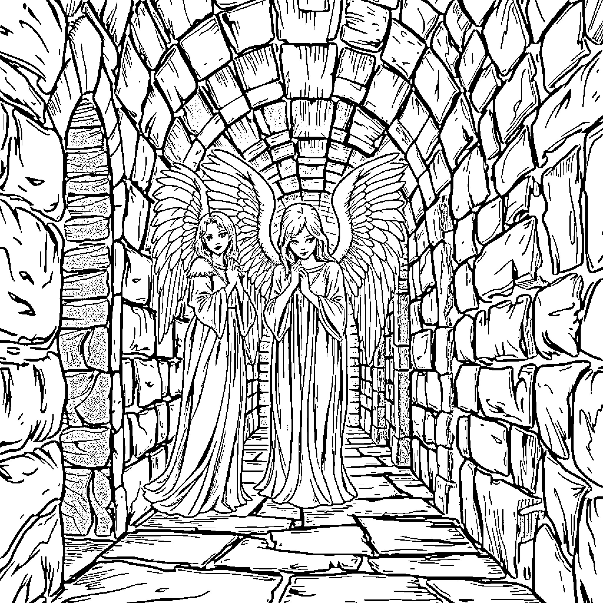 Weeping Angels in Heavenly Passage Coloring Page (free black-and-white line drawing printable PDF for all, from beginners to advanced learners, including children, teens, adults, and seniors)