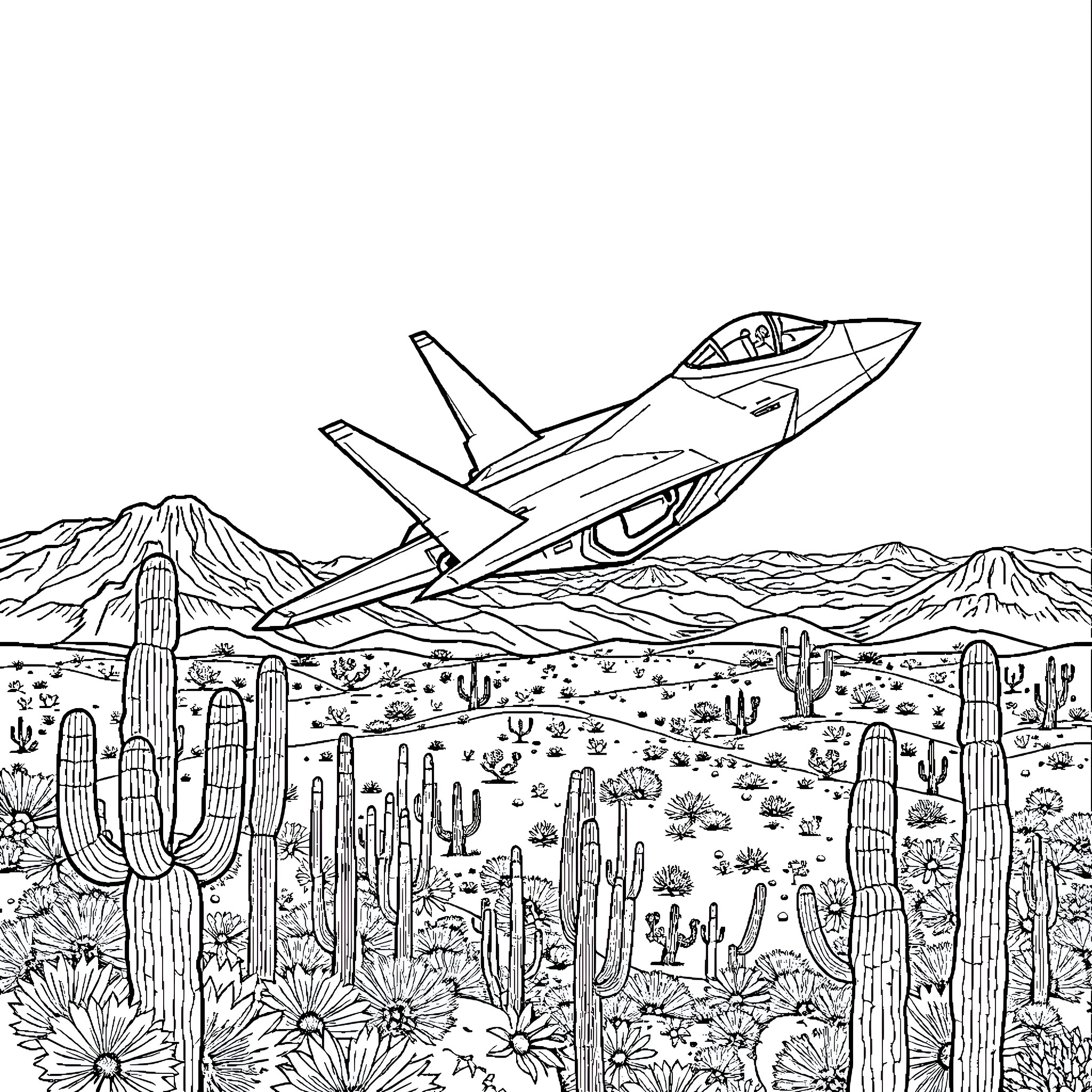 F22 Fighter Jet soaring over desert landscape Coloring Page (free black-and-white line drawing printable PDF for all, from beginners to advanced learners, including children, teens, adults, and seniors)