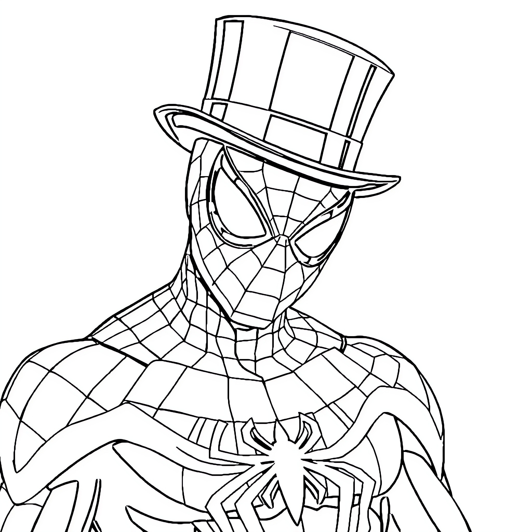 Spiderman in formal attire and web-slinging pose Coloring Page (free black-and-white line drawing printable PDF for all, from beginners to advanced learners, including children, teens, adults, and seniors)