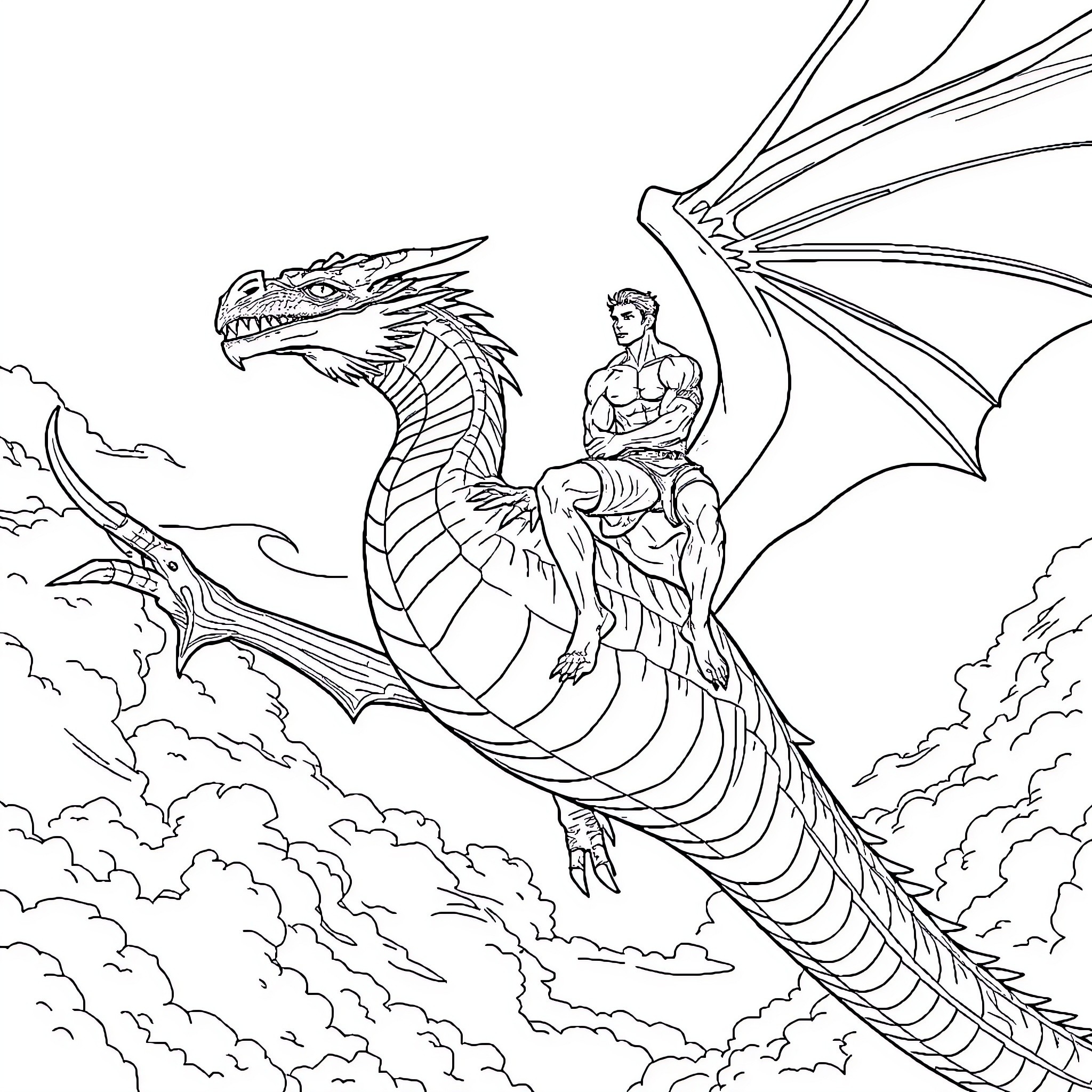 Dragon Rider Soaring Through Cloudy Skies Coloring Page (free black-and-white line drawing printable PDF for all, from beginners to advanced learners, including children, teens, adults, and seniors)
