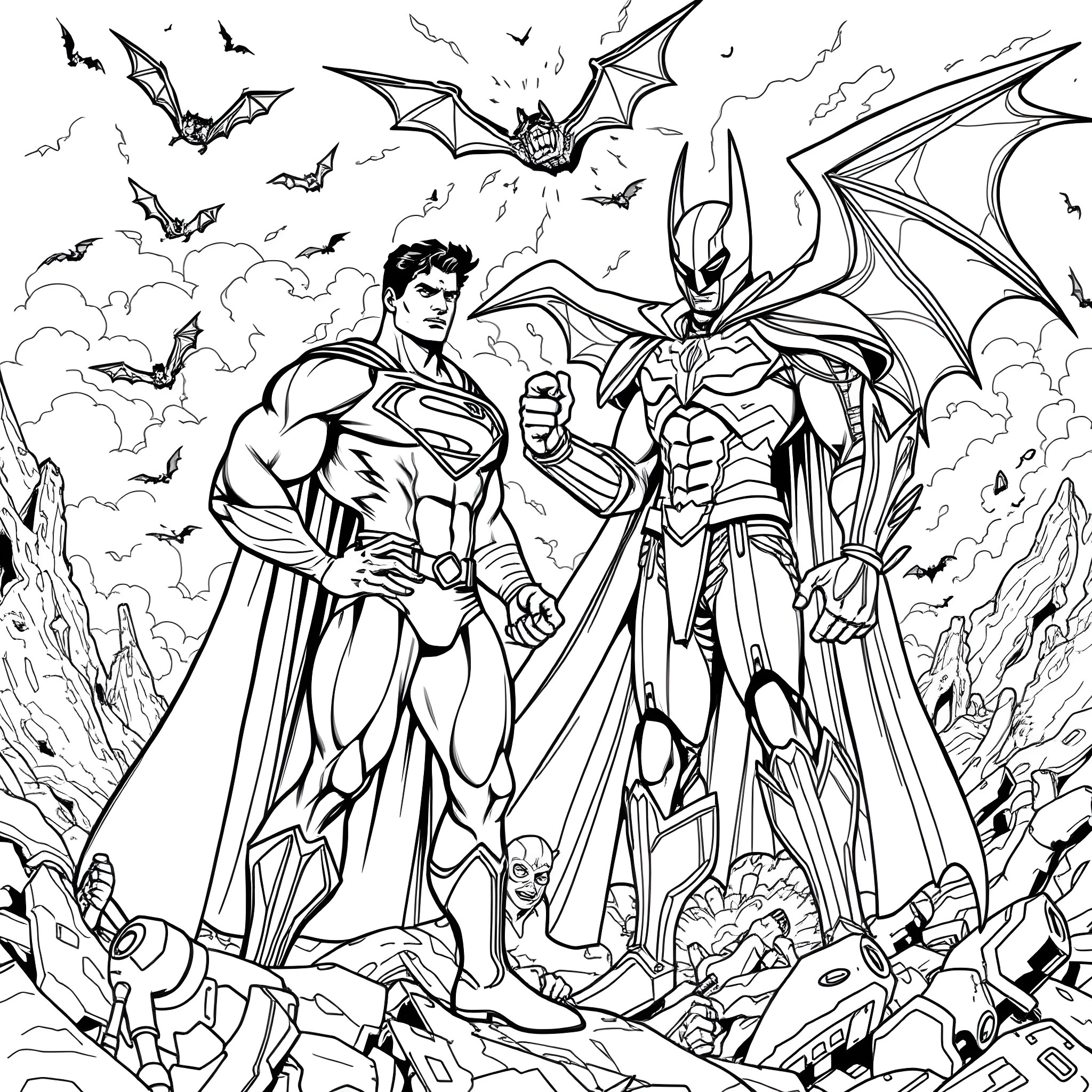 Superman and Batman standing heroically against villains Coloring Page (free black-and-white line drawing printable PDF for all, from beginners to advanced learners, including children, teens, adults, and seniors)