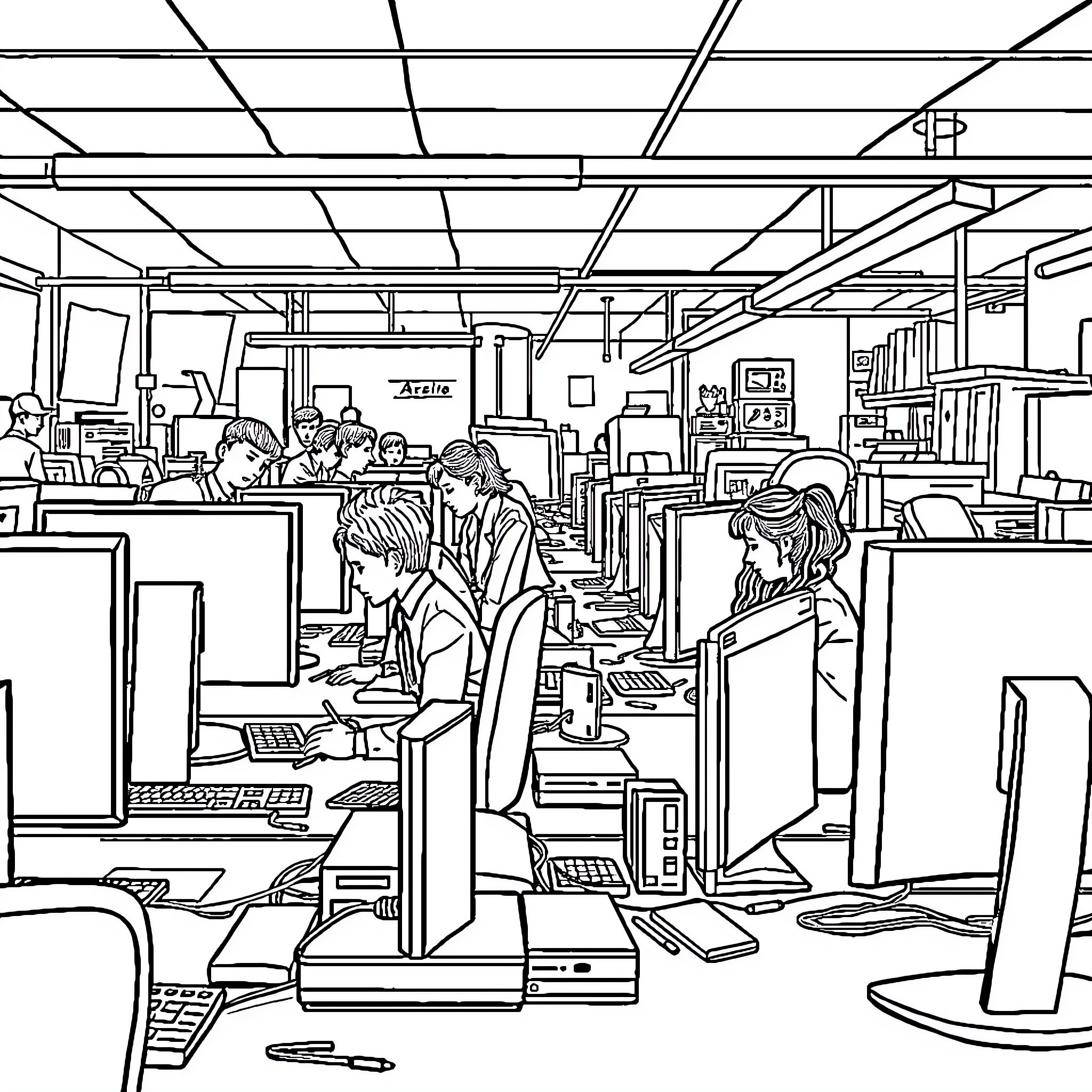 Adenso's Busy Office Scene Coloring Page (free black-and-white line drawing printable PDF for all, from beginners to advanced learners, including children, teens, adults, and seniors)
