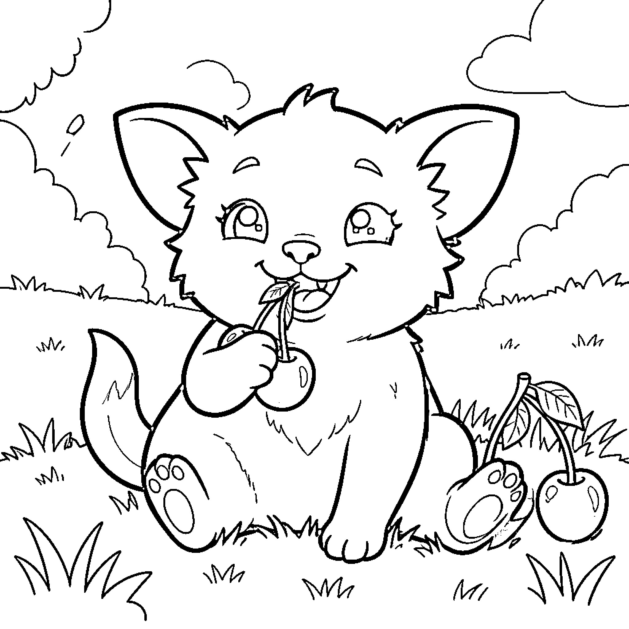Chanchito the kitten eating cherries in the grass Coloring Page (free black-and-white line drawing printable PDF for all, from beginners to advanced learners, including children, teens, adults, and seniors)