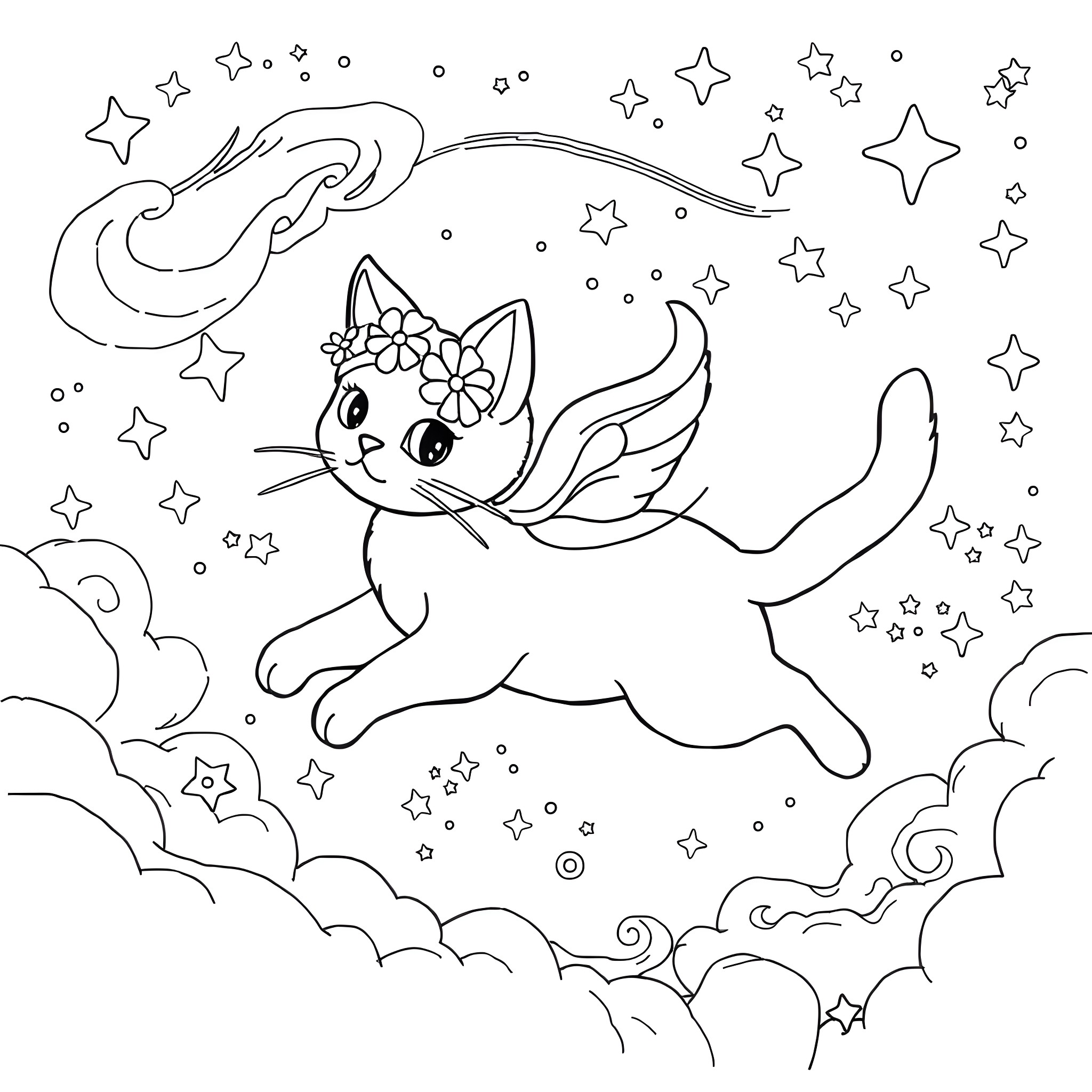 Cat floating in the starry night sky Coloring Page (free black-and-white line drawing printable PDF for all, from beginners to advanced learners, including children, teens, adults, and seniors)