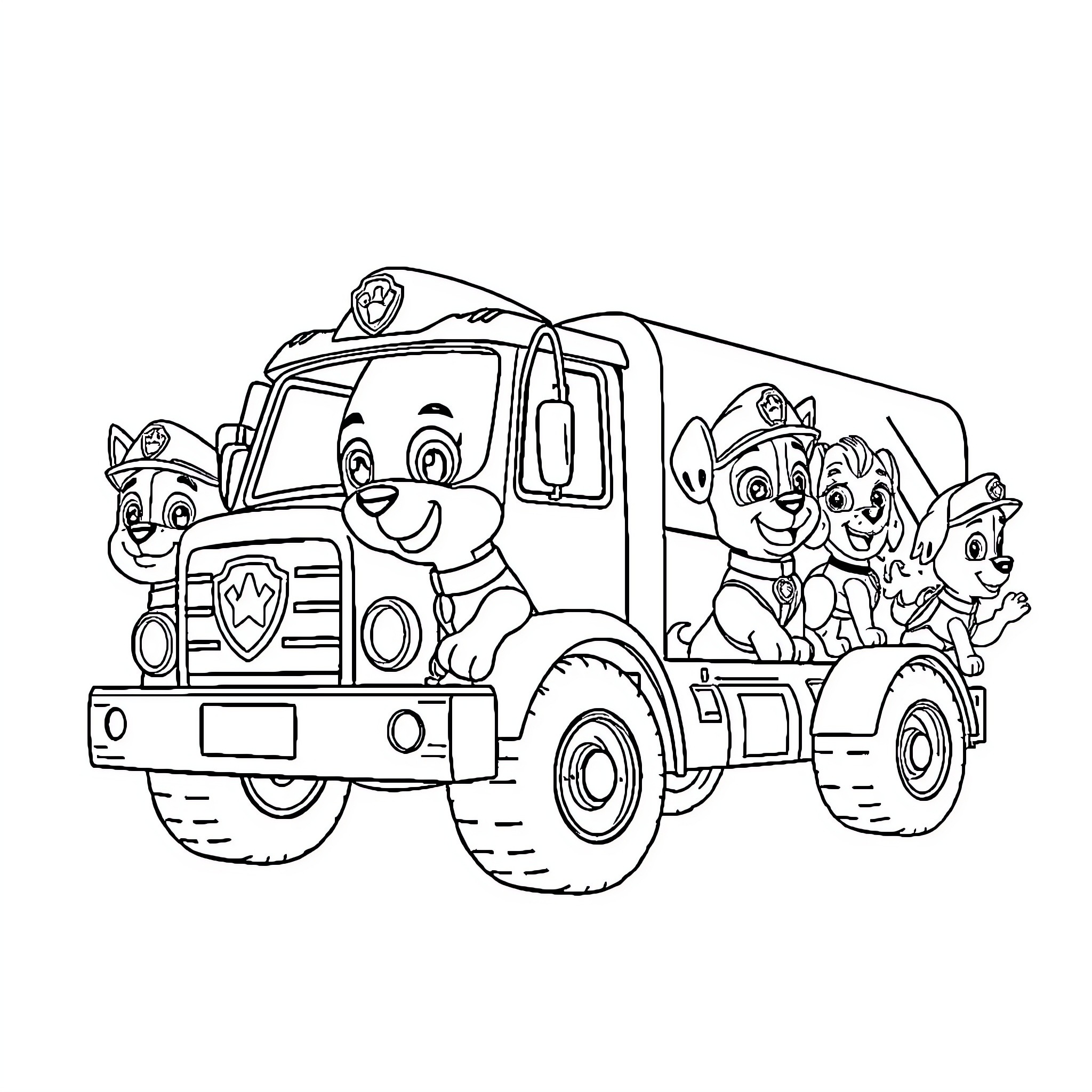 Pallet Truck Carrying Cheerful Cartoon Characters Coloring Page (free black-and-white line drawing printable PDF for all, from beginners to advanced learners, including children, teens, adults, and seniors)