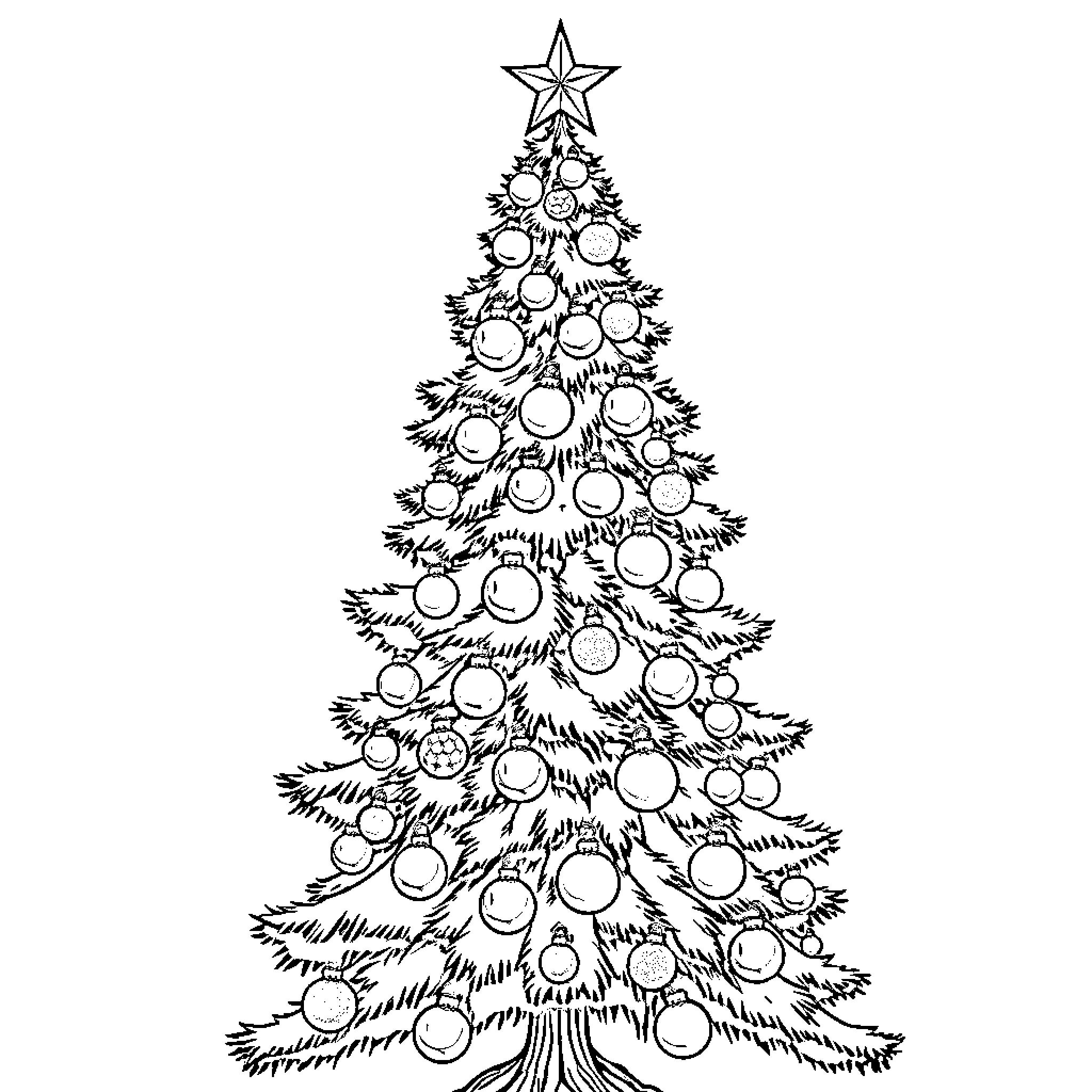Christmas Tree adorned with festive ornaments Coloring Page (free black-and-white line drawing printable PDF for all, from beginners to advanced learners, including children, teens, adults, and seniors)