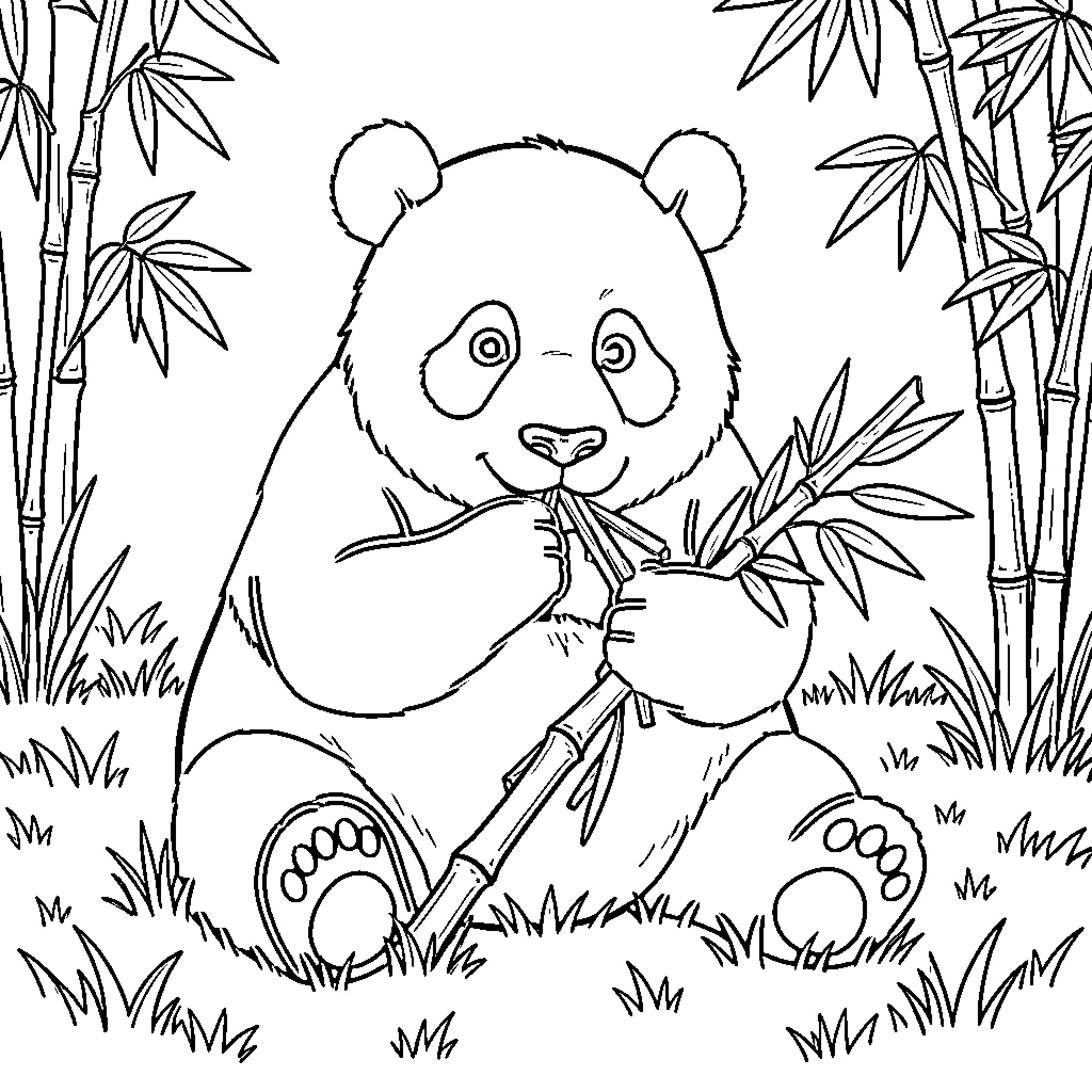 Panda sitting and eating bamboo stalks in nature Coloring Page (free black-and-white line drawing printable PDF for all, from beginners to advanced learners, including children, teens, adults, and seniors)