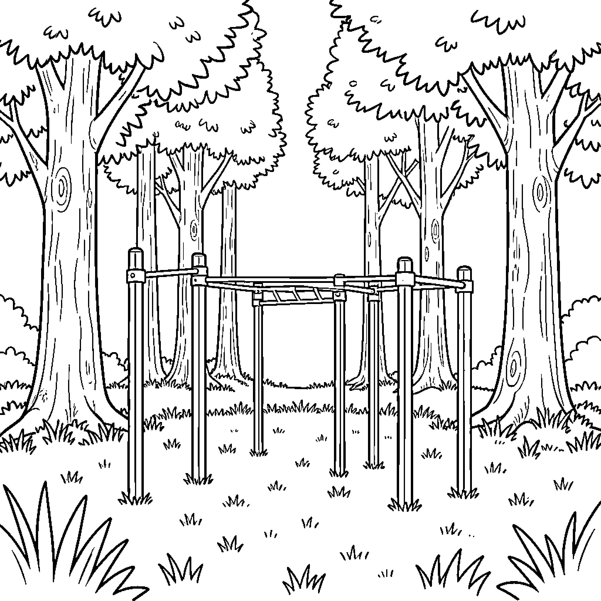 Calisthenics in the Whimsical Forest Coloring Page (free black-and-white line drawing printable PDF for all, from beginners to advanced learners, including children, teens, adults, and seniors)