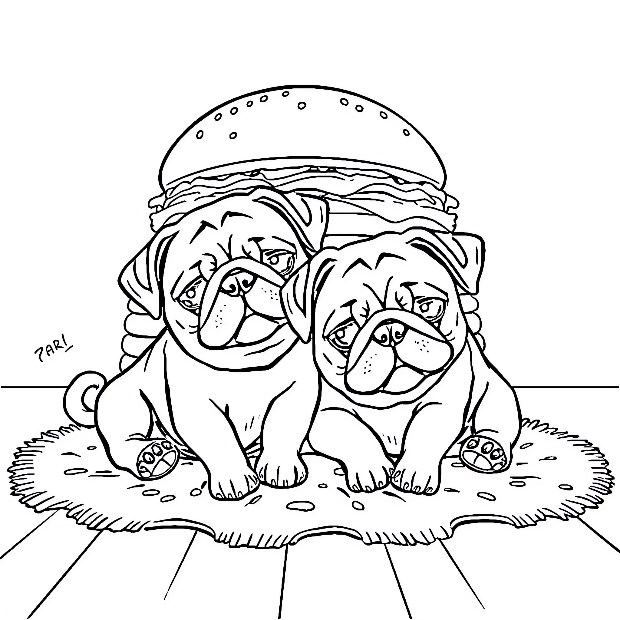 Pugs enjoying a delicious burger Coloring Page (free black-and-white line drawing printable PDF for all, from beginners to advanced learners, including children, teens, adults, and seniors)