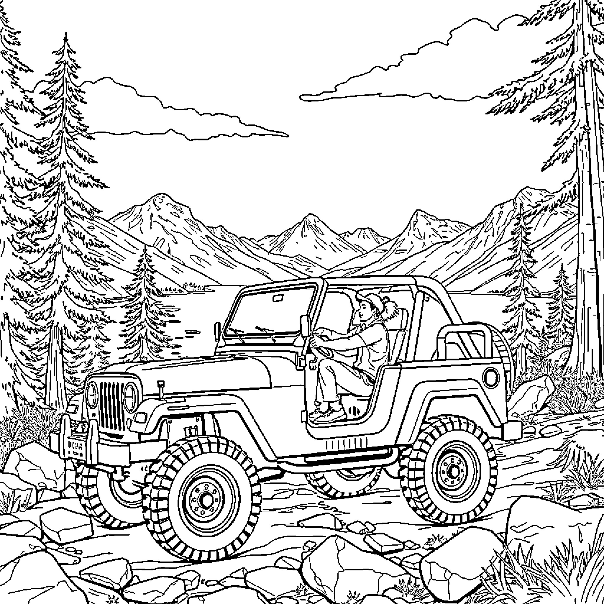 Man and Woman Exploring Mountain Landscape in Jeep Coloring Page (free black-and-white line drawing printable PDF for all, from beginners to advanced learners, including children, teens, adults, and seniors)