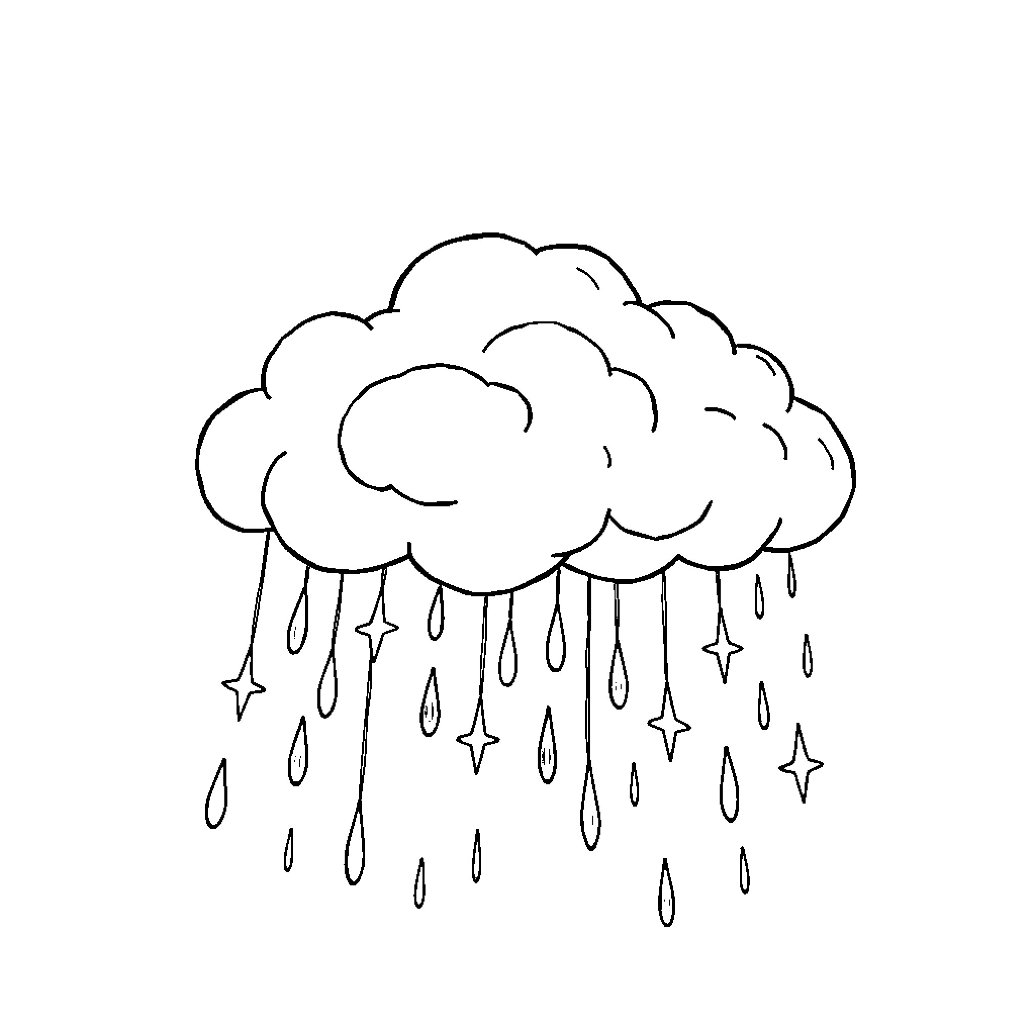 Cloud raining with sparkling stars Coloring Page (free black-and-white line drawing printable PDF for all, from beginners to advanced learners, including children, teens, adults, and seniors)