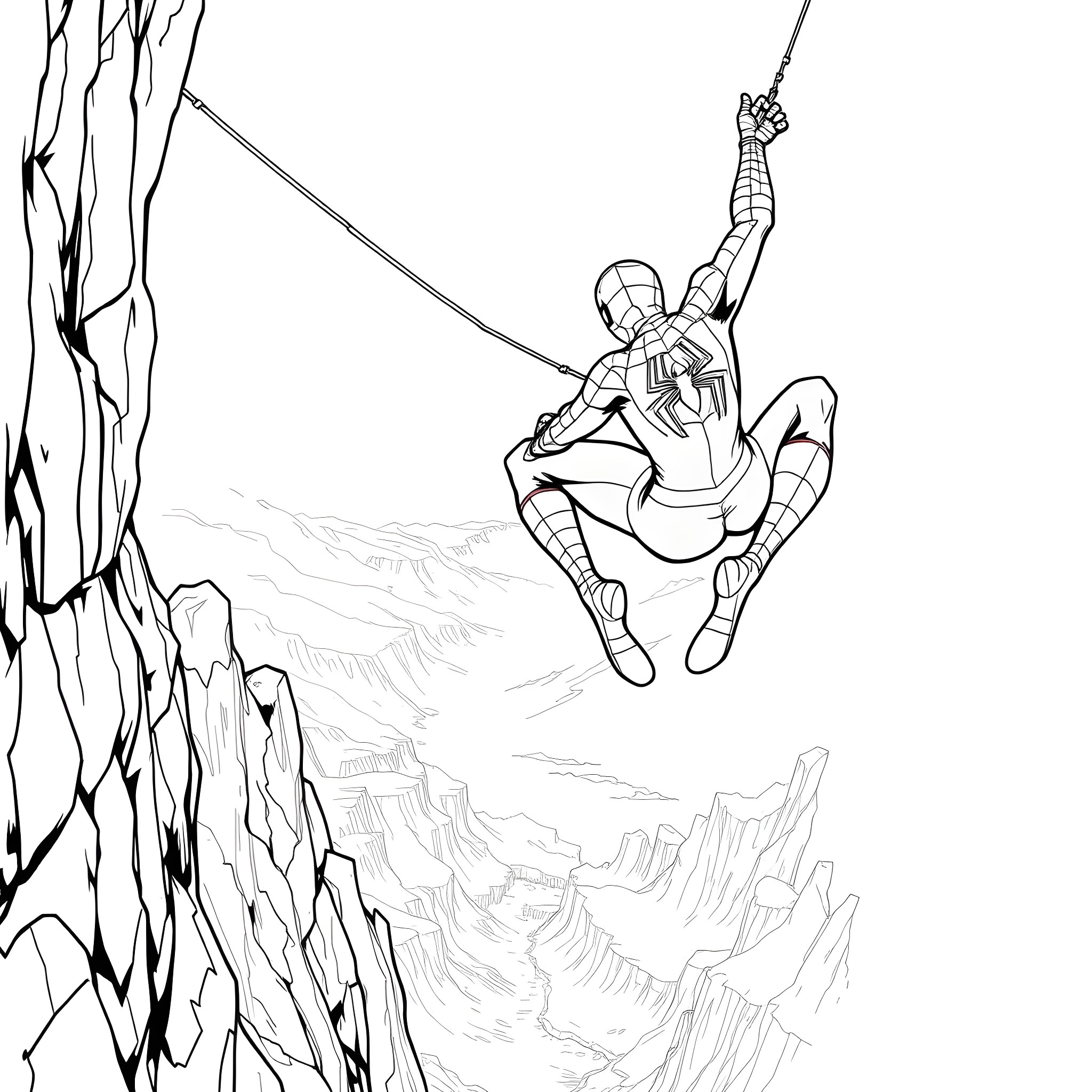 Spider-Man swinging through the city skyline Coloring Page (free black-and-white line drawing printable PDF for all, from beginners to advanced learners, including children, teens, adults, and seniors)