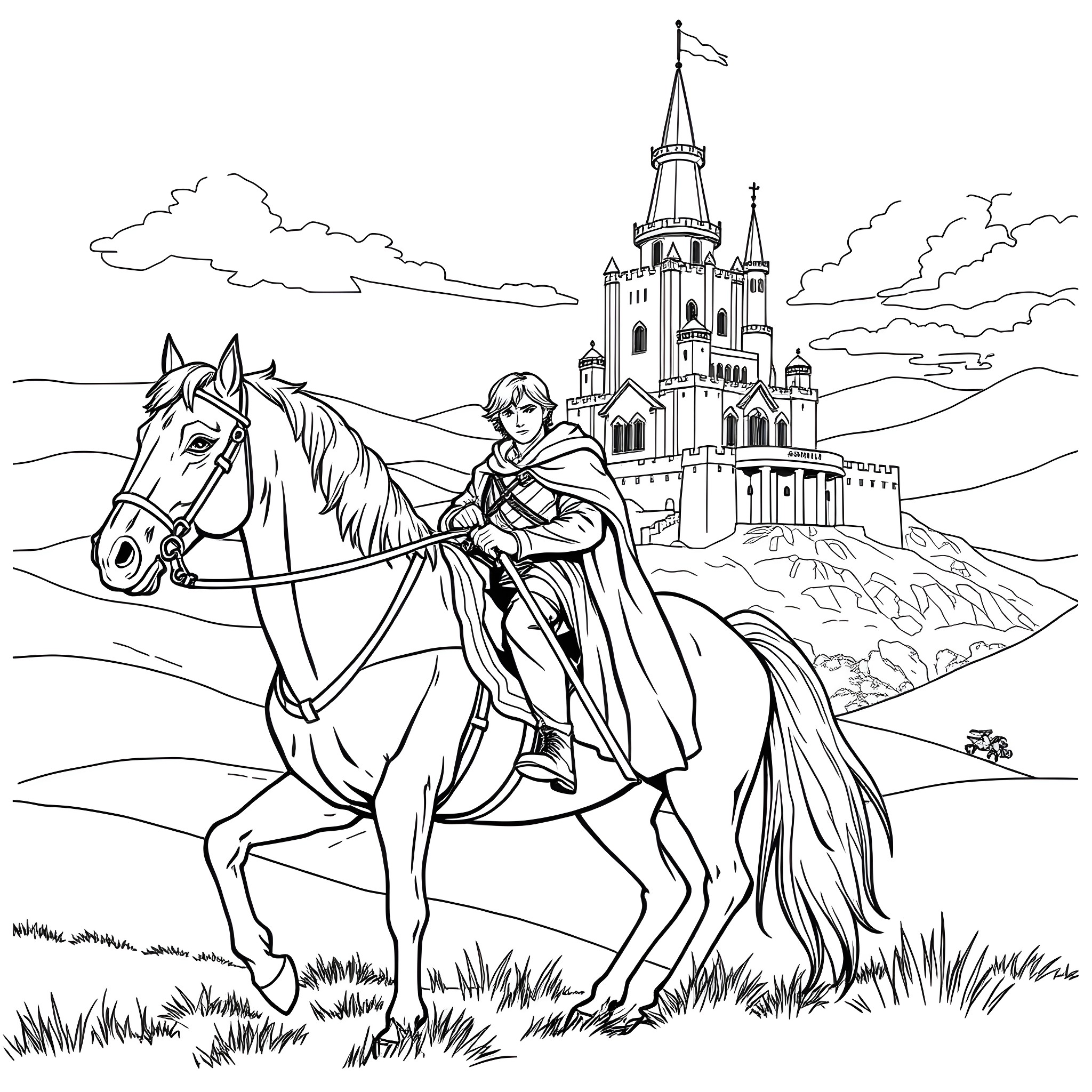 Henry's Majestic Castle Adventure Coloring Page (free black-and-white line drawing printable PDF for all, from beginners to advanced learners, including children, teens, adults, and seniors)