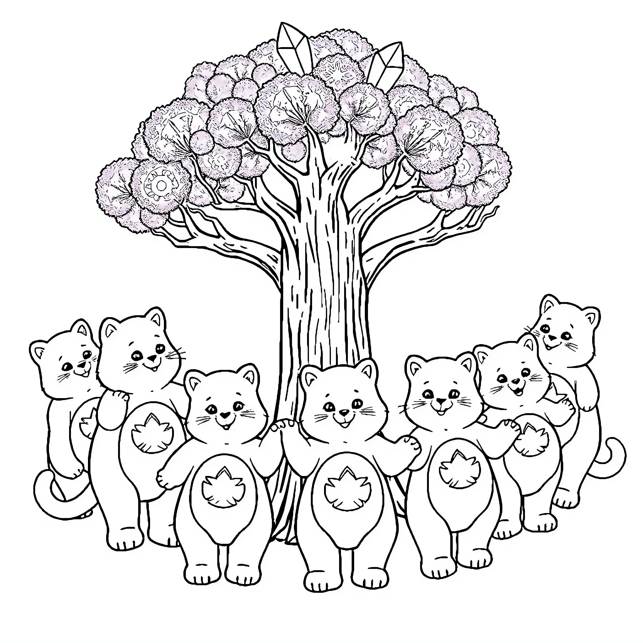 Cats exploring a whimsical tree Coloring Page (free black-and-white line drawing printable PDF for all, from beginners to advanced learners, including children, teens, adults, and seniors)