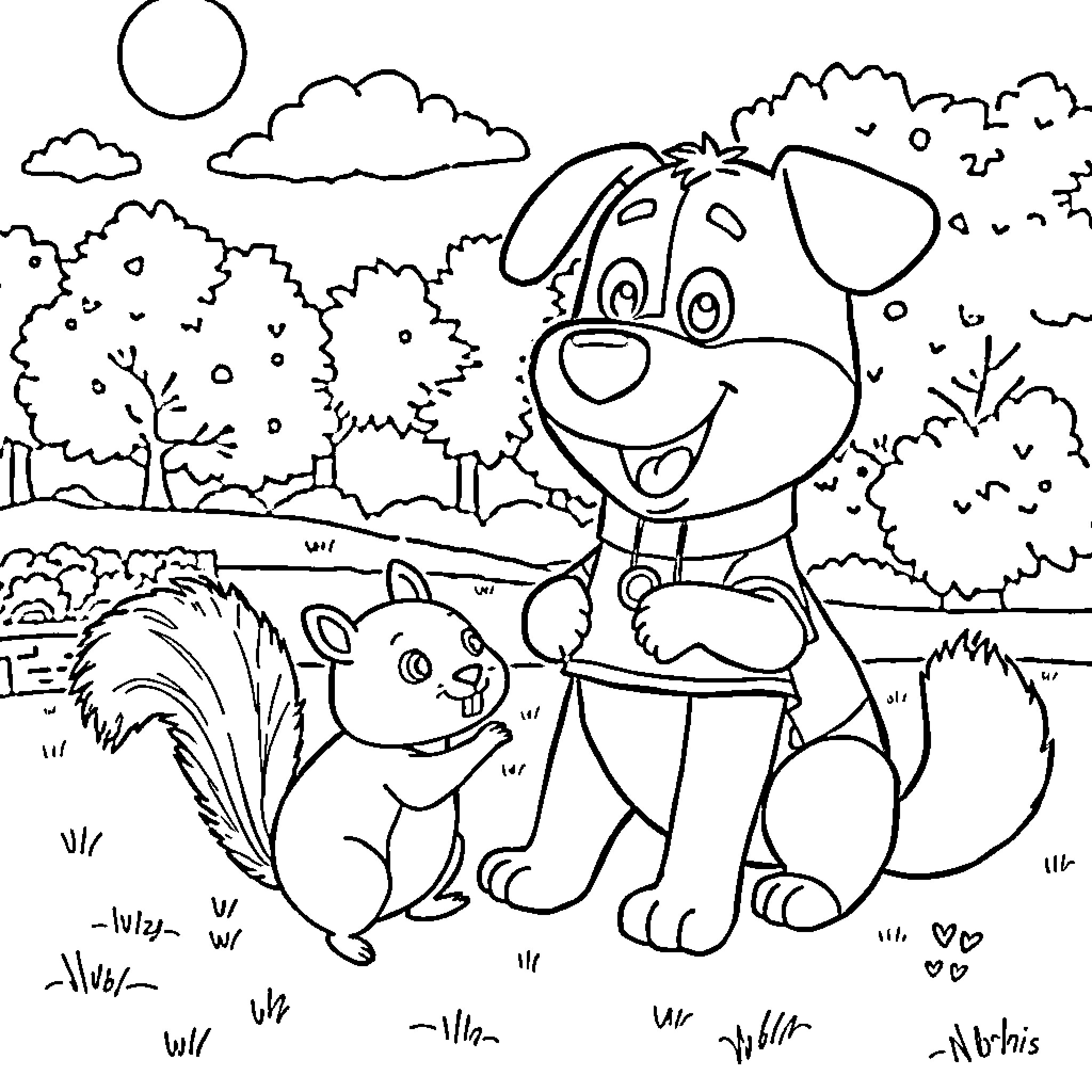 Duggee and his animal friends in the park Coloring Page (free black-and-white line drawing printable PDF for all, from beginners to advanced learners, including children, teens, adults, and seniors)