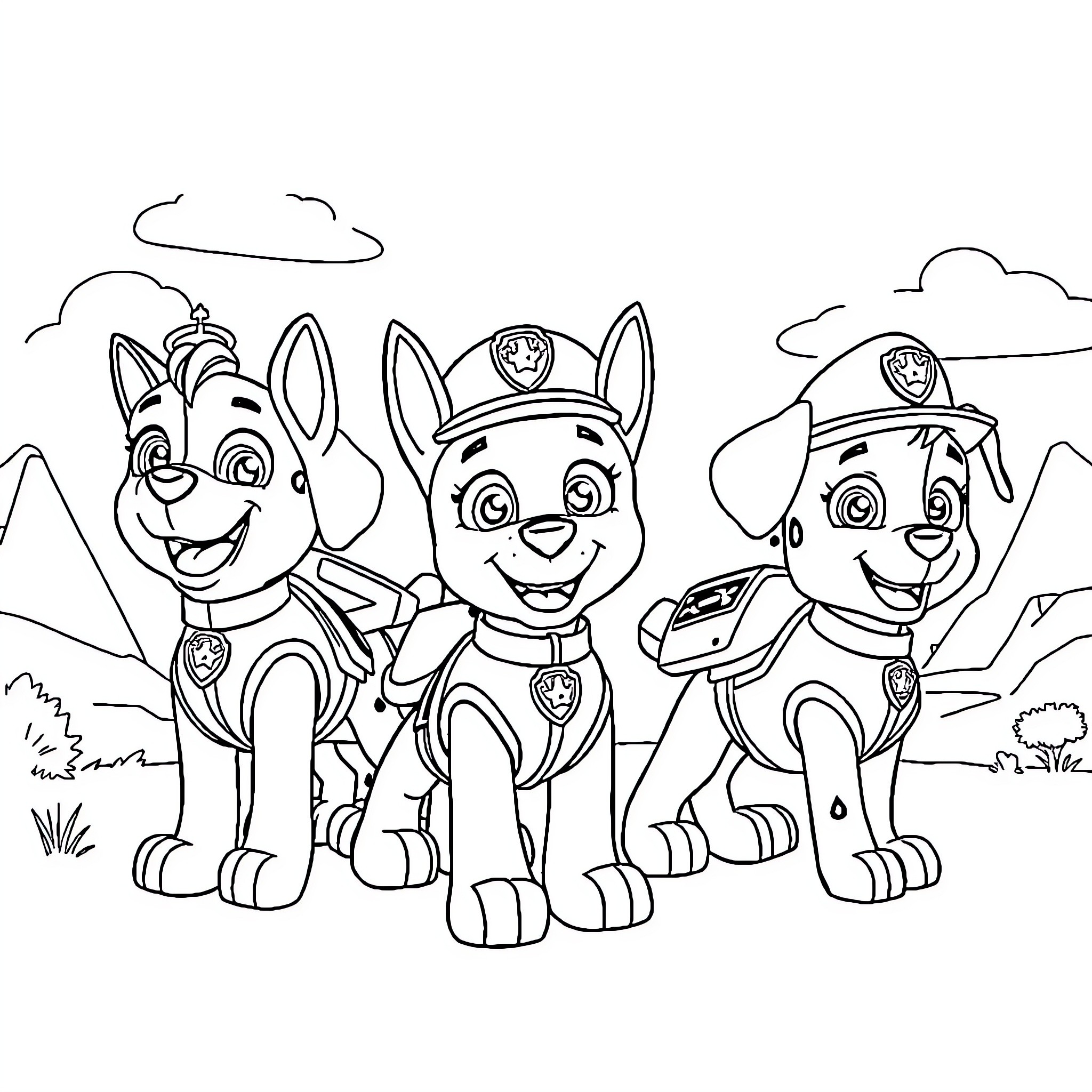 Paw Patrol pups on an adventure Coloring Page (free black-and-white line drawing printable PDF for all, from beginners to advanced learners, including children, teens, adults, and seniors)