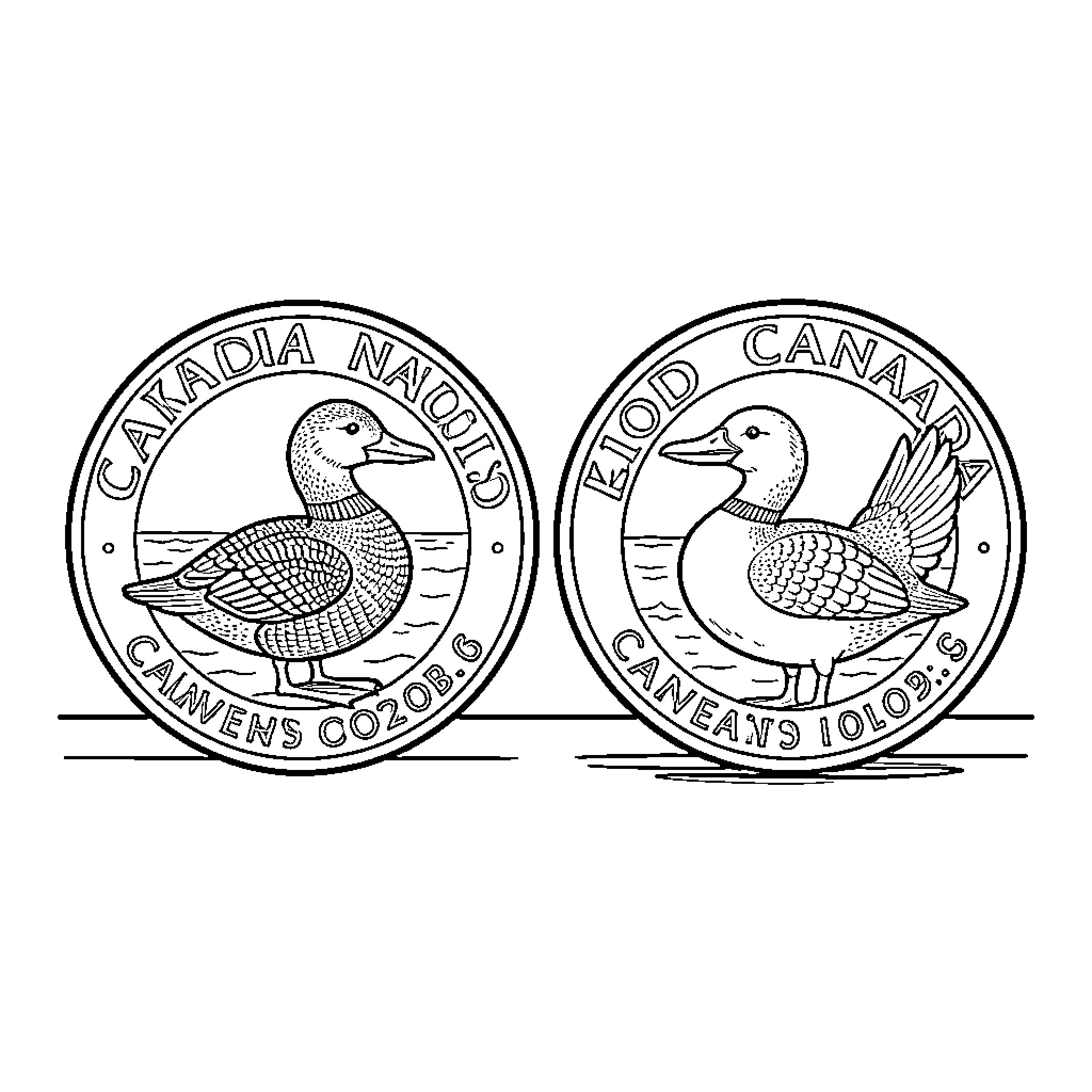 Loonie featuring a duck on two coin sides Coloring Page (free black-and-white line drawing printable PDF for all, from beginners to advanced learners, including children, teens, adults, and seniors)