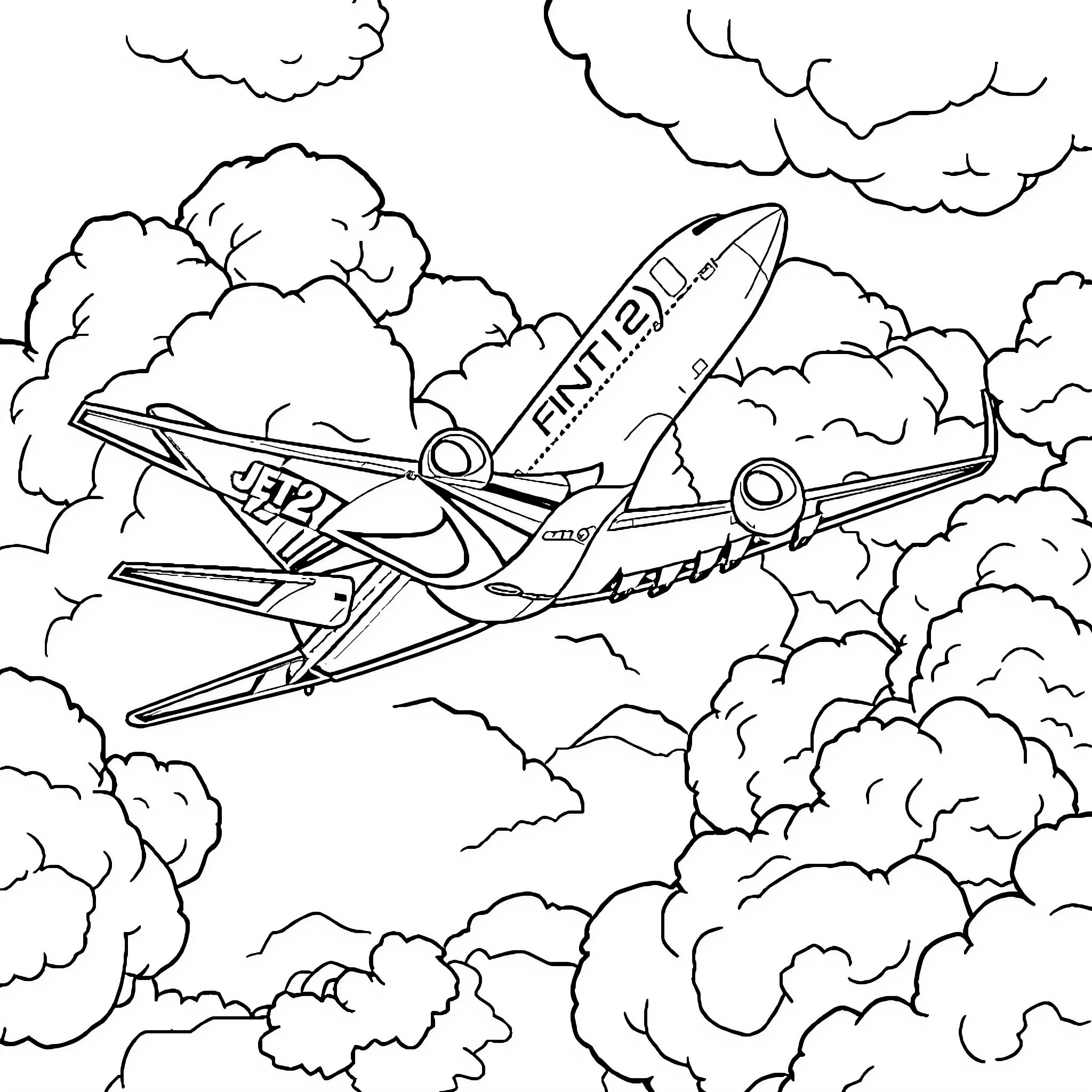 Jet soaring through cloudy skies Coloring Page (free black-and-white line drawing printable PDF for all, from beginners to advanced learners, including children, teens, adults, and seniors)