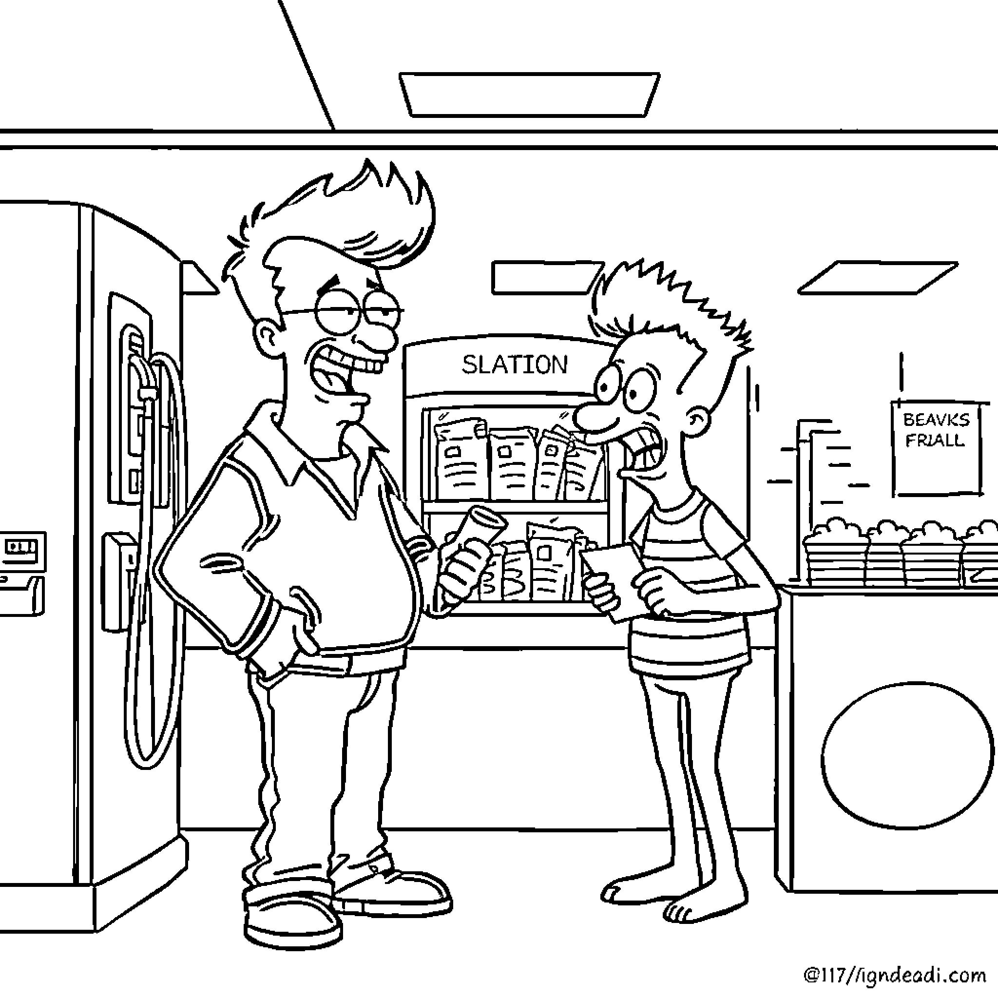 Beavis and Butt-Head at the convenience store Coloring Page (free black-and-white line drawing printable PDF for all, from beginners to advanced learners, including children, teens, adults, and seniors)