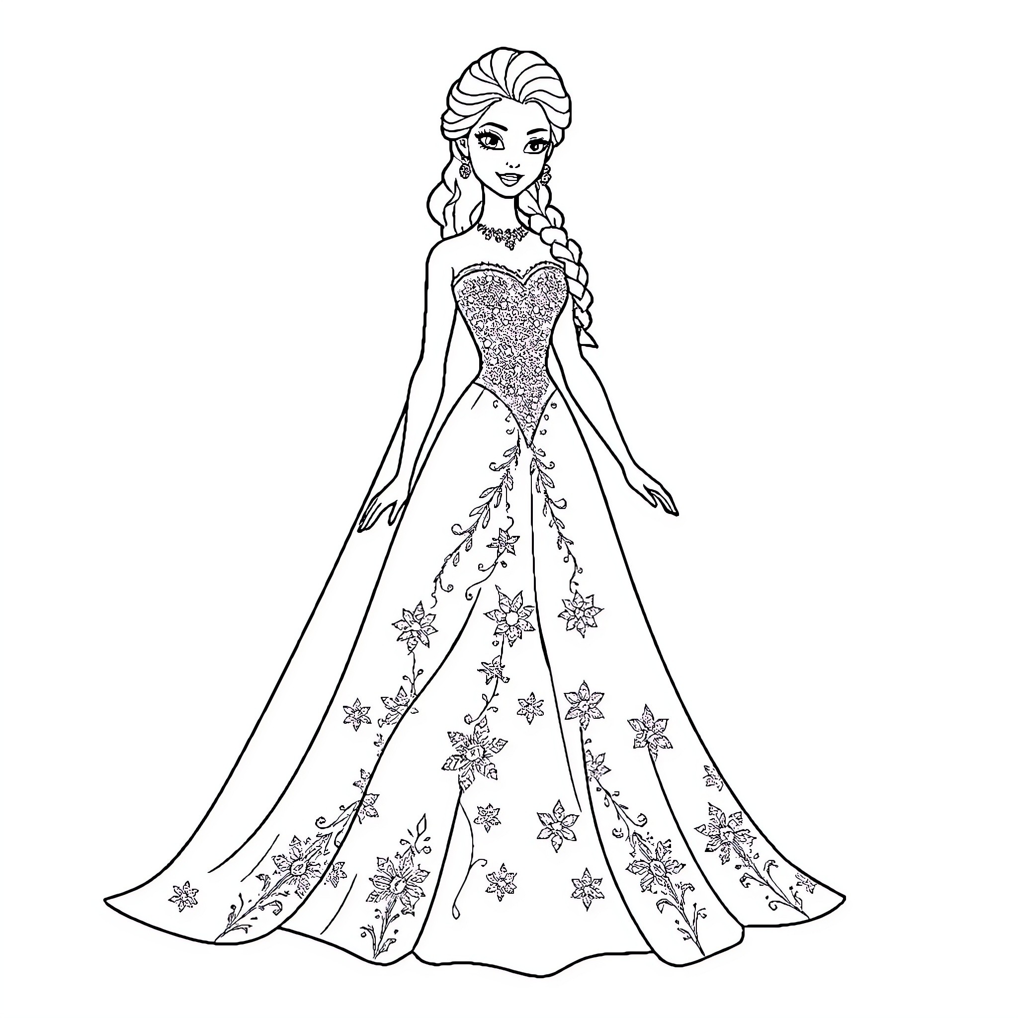 Barbie in Glamorous Winter Gown Coloring Page (free black-and-white line drawing printable PDF for all, from beginners to advanced learners, including children, teens, adults, and seniors)