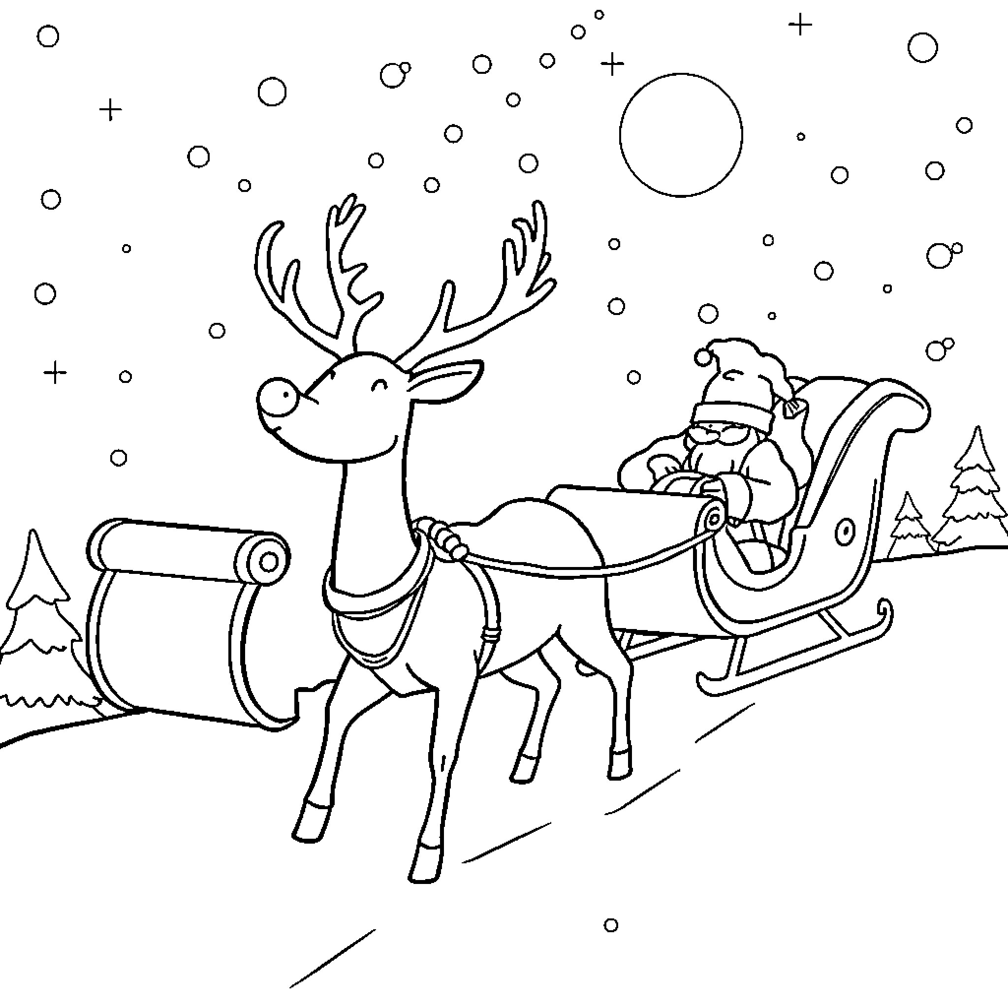 Rudolph pulling Santa's sleigh through the snowy night Coloring Page (free black-and-white line drawing printable PDF for all, from beginners to advanced learners, including children, teens, adults, and seniors)