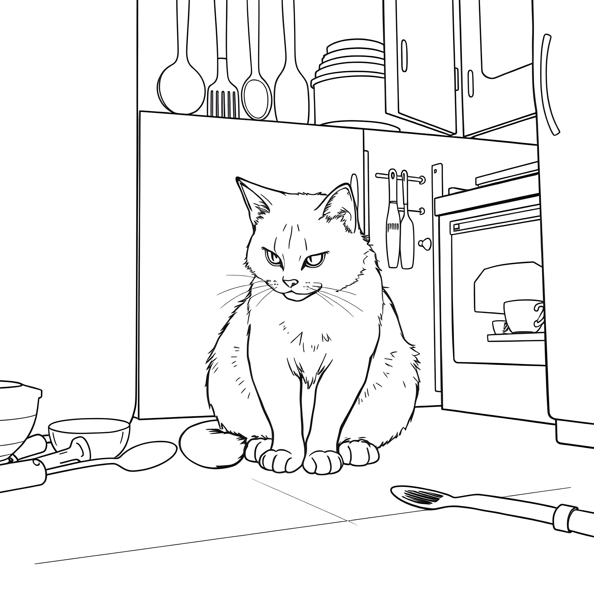 Cat in the Kitchen Coloring Page (free black-and-white line drawing printable PDF for all, from beginners to advanced learners, including children, teens, adults, and seniors)
