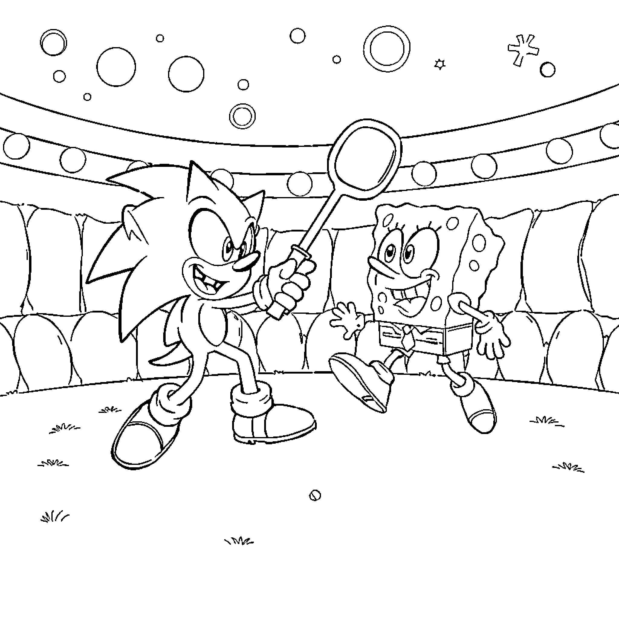 Sonic and SpongeBob playing together with a racket Coloring Page (free black-and-white line drawing printable PDF for all, from beginners to advanced learners, including children, teens, adults, and seniors)