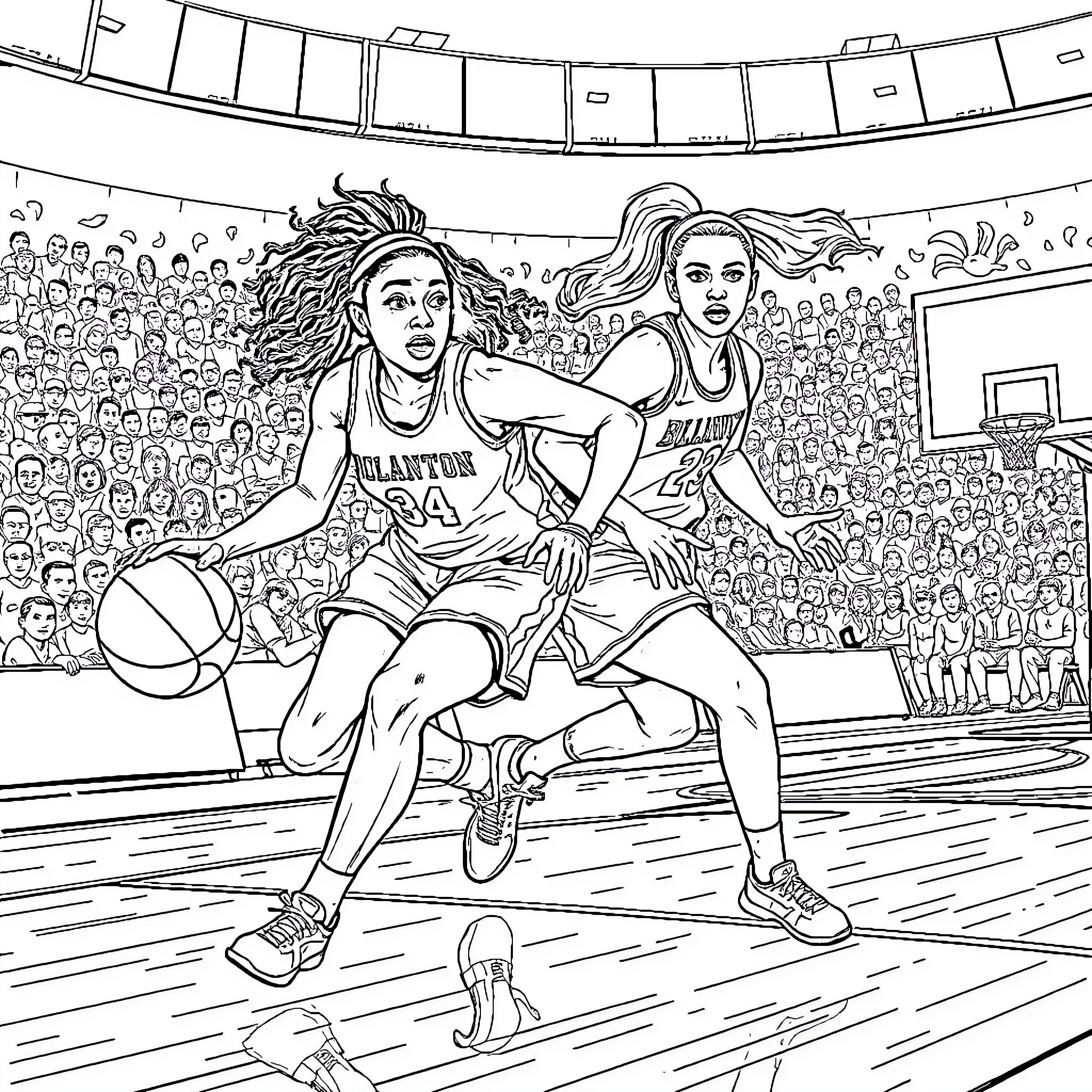 Basketball players competing in an intense match Coloring Page (free black-and-white line drawing printable PDF for all, from beginners to advanced learners, including children, teens, adults, and seniors)