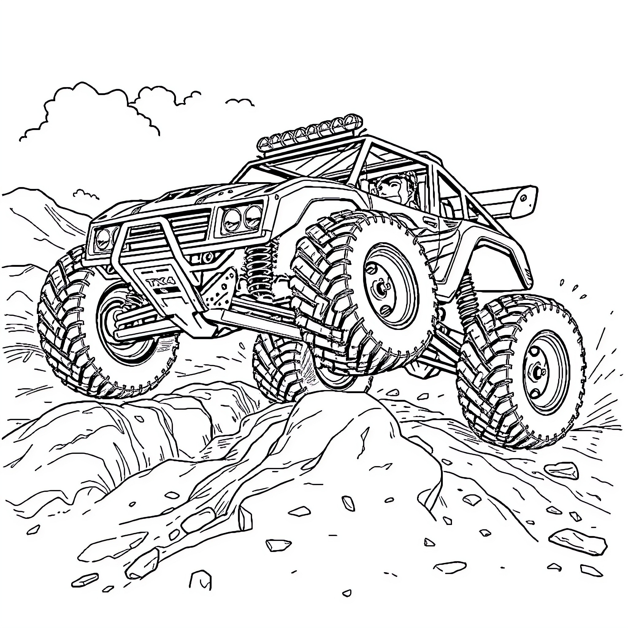 Traxxas tx4 off-road vehicle navigating rugged terrain Coloring Page (free black-and-white line drawing printable PDF for all, from beginners to advanced learners, including children, teens, adults, and seniors)