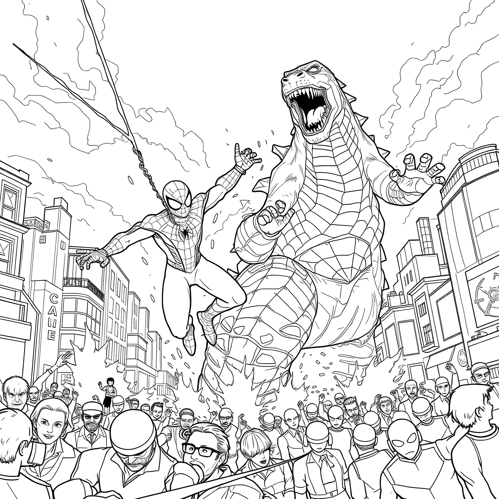 Spiderman battles a giant serpent monster in the city Coloring Page (free black-and-white line drawing printable PDF for all, from beginners to advanced learners, including children, teens, adults, and seniors)