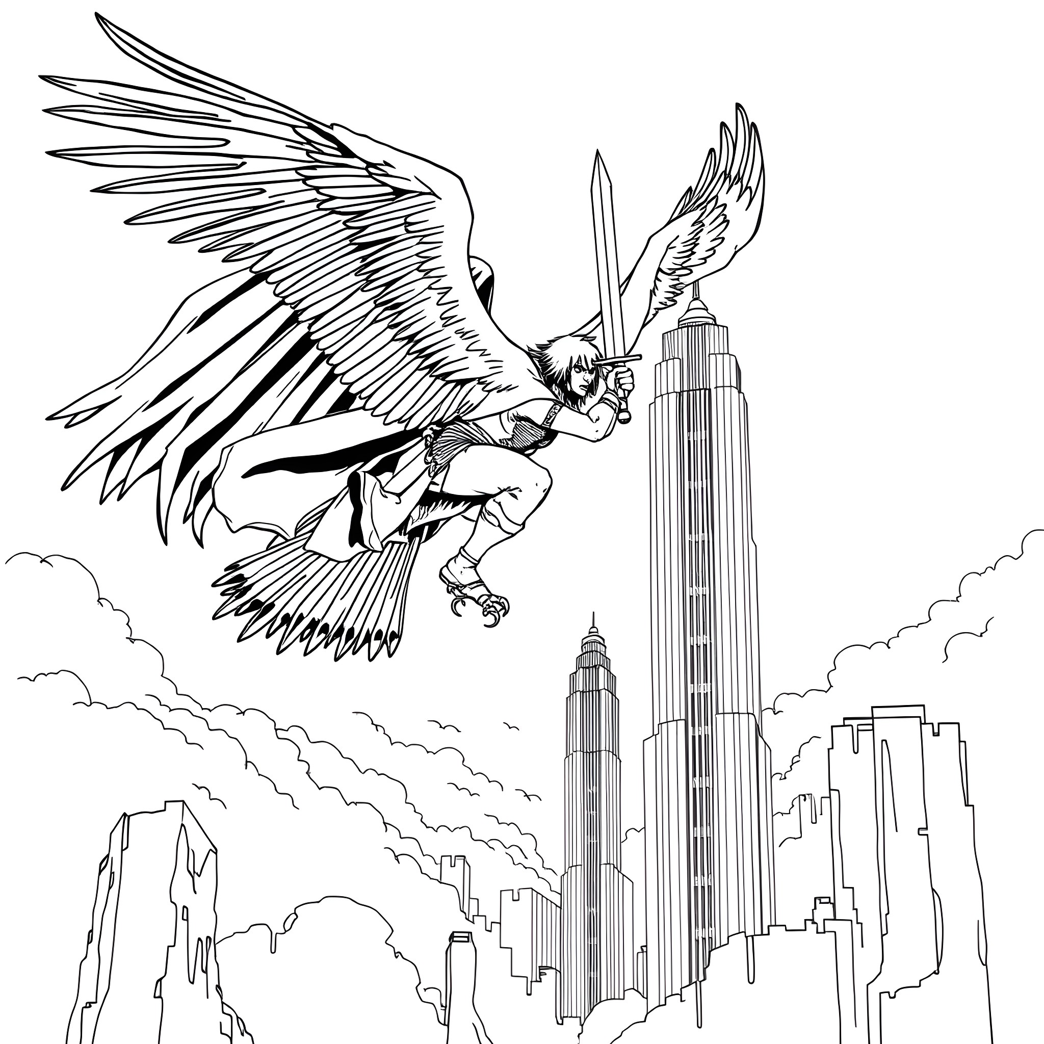 Phantom Warrior Soaring Above the Cityscape Coloring Page (free black-and-white line drawing printable PDF for all, from beginners to advanced learners, including children, teens, adults, and seniors)
