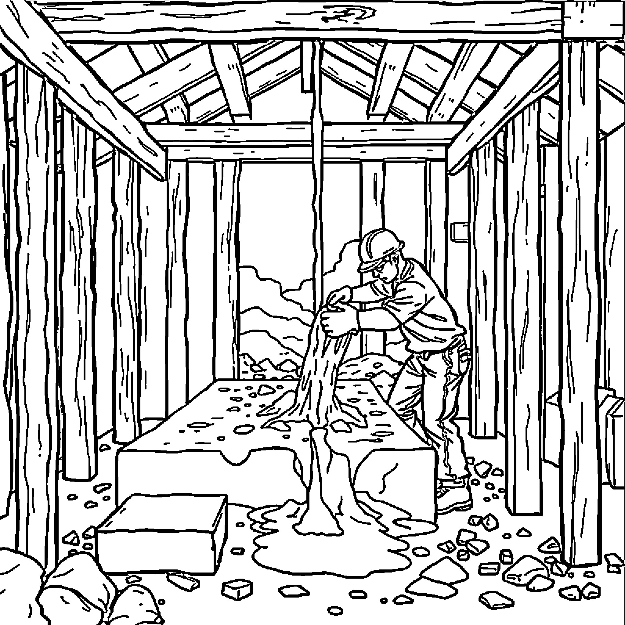 Concrete Shelter in the Wilderness Coloring Page (free black-and-white line drawing printable PDF for all, from beginners to advanced learners, including children, teens, adults, and seniors)