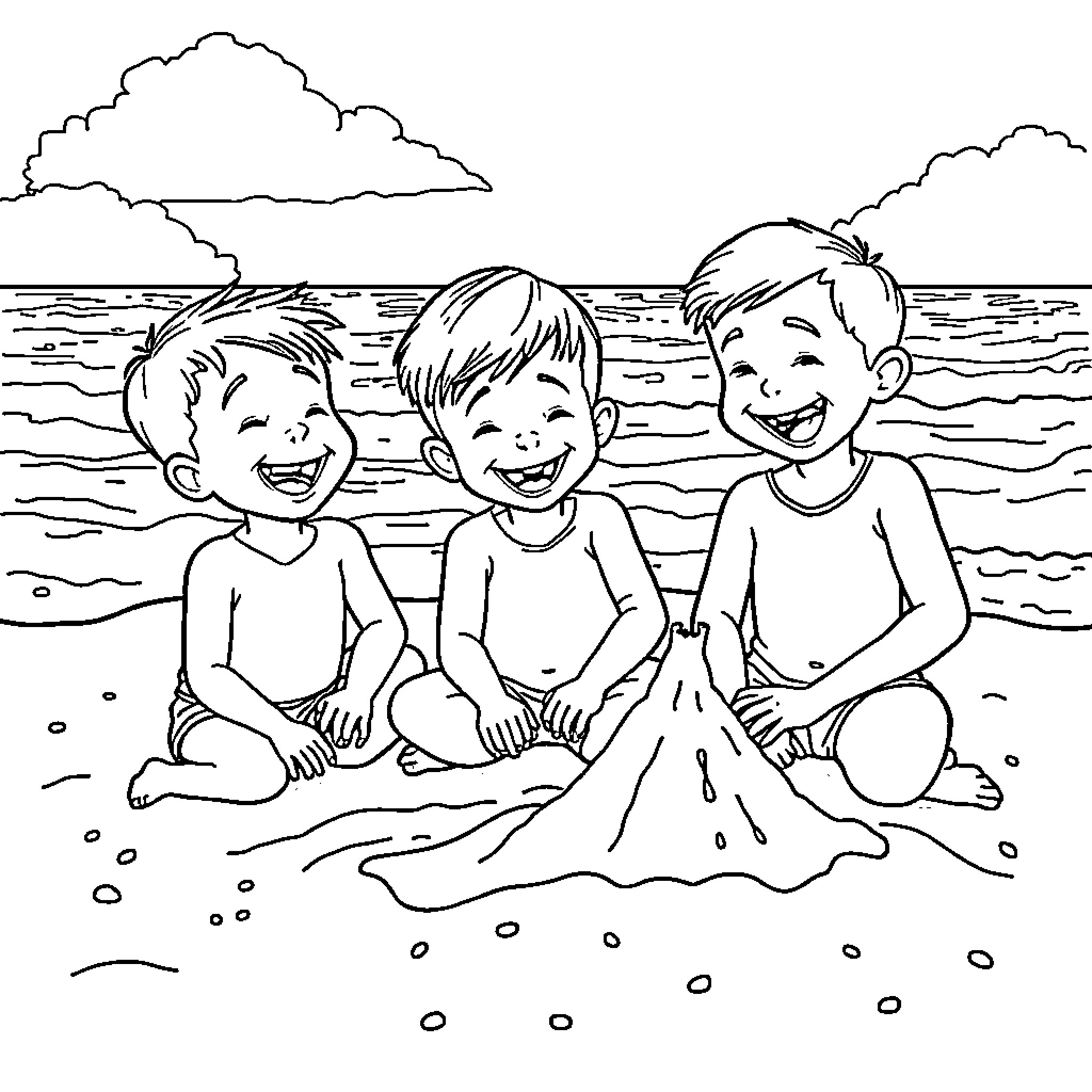 Boy playing happily with friends on the beach Coloring Page (free black-and-white line drawing printable PDF for all, from beginners to advanced learners, including children, teens, adults, and seniors)
