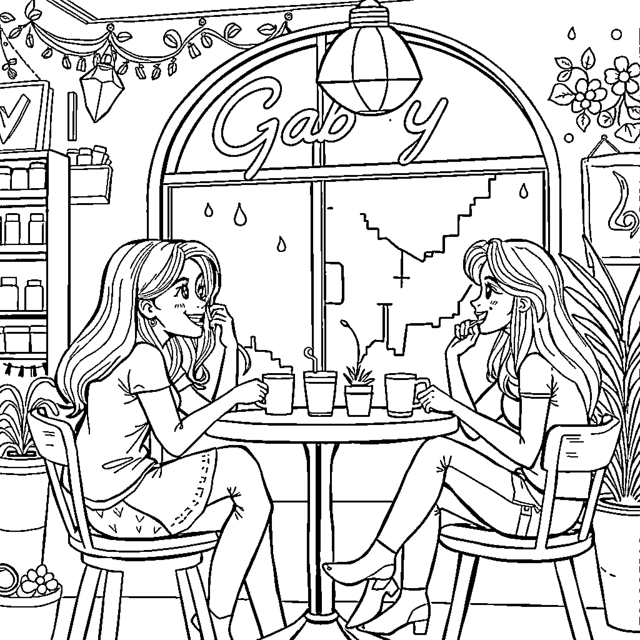 Gabby's Cozy Cafe Conversation Coloring Page (free black-and-white line drawing printable PDF for all, from beginners to advanced learners, including children, teens, adults, and seniors)