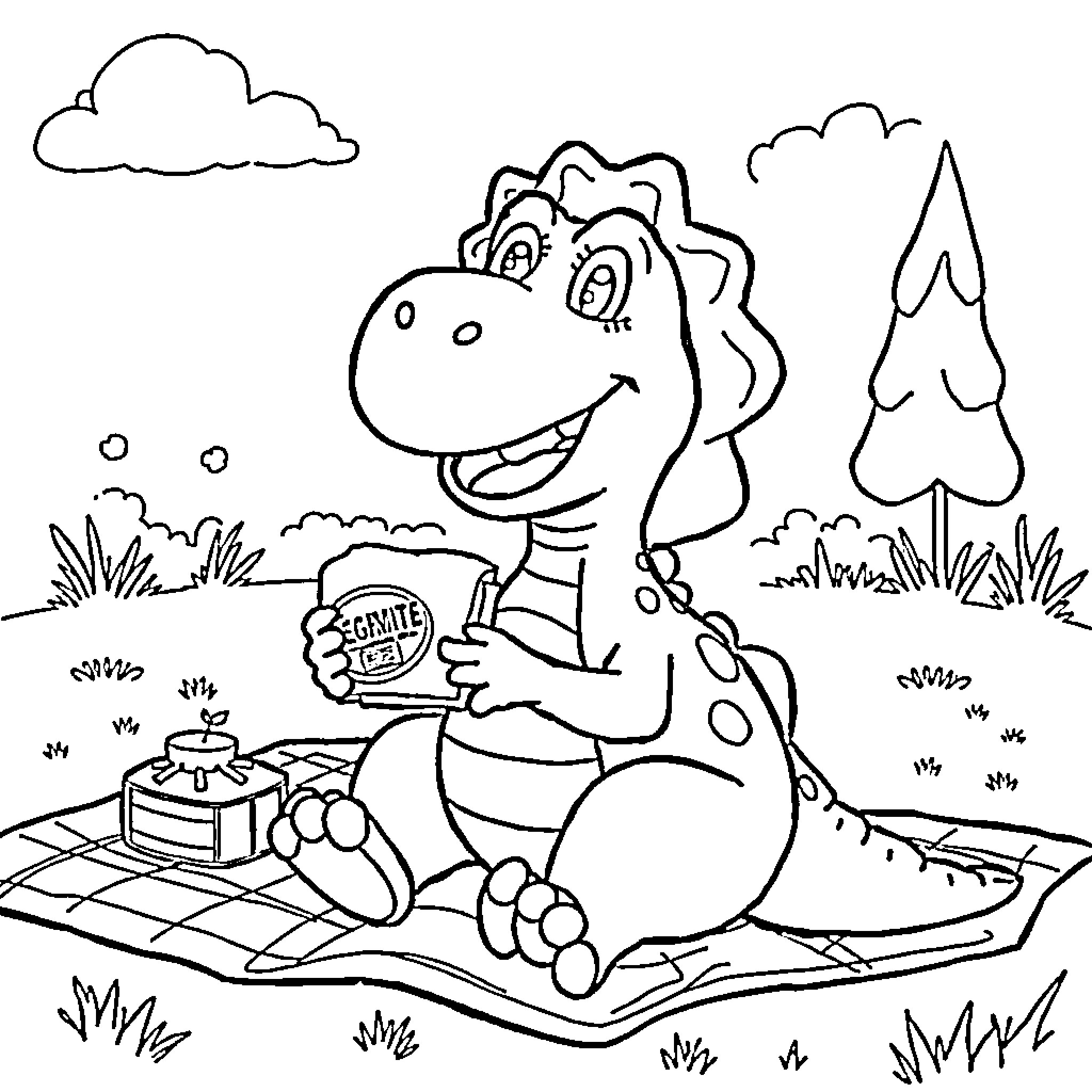 Dorothy the Dinosaur's Picnic Adventure Coloring Page (free black-and-white line drawing printable PDF for all, from beginners to advanced learners, including children, teens, adults, and seniors)
