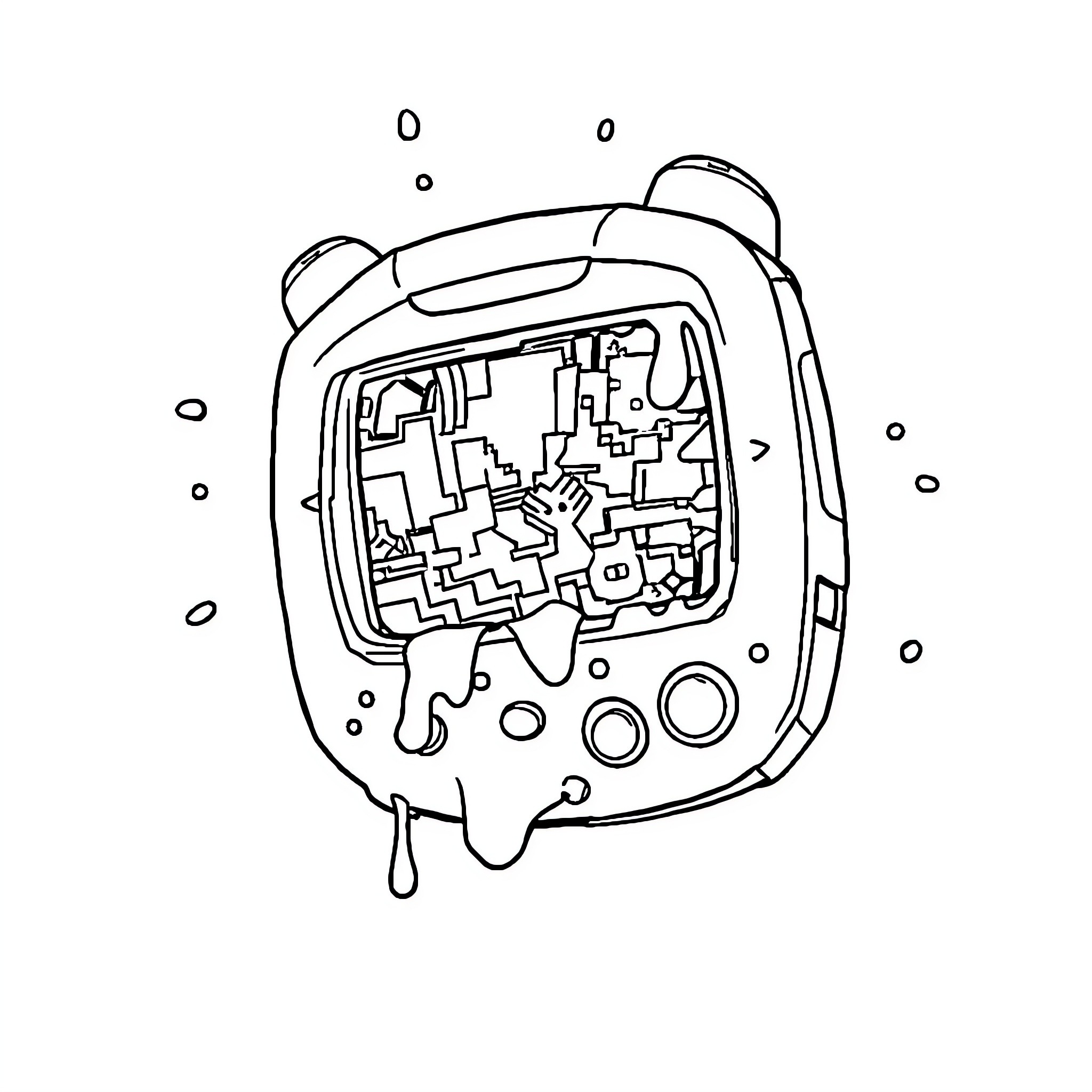 Digivice with digital cityscape display Coloring Page (free black-and-white line drawing printable PDF for all, from beginners to advanced learners, including children, teens, adults, and seniors)