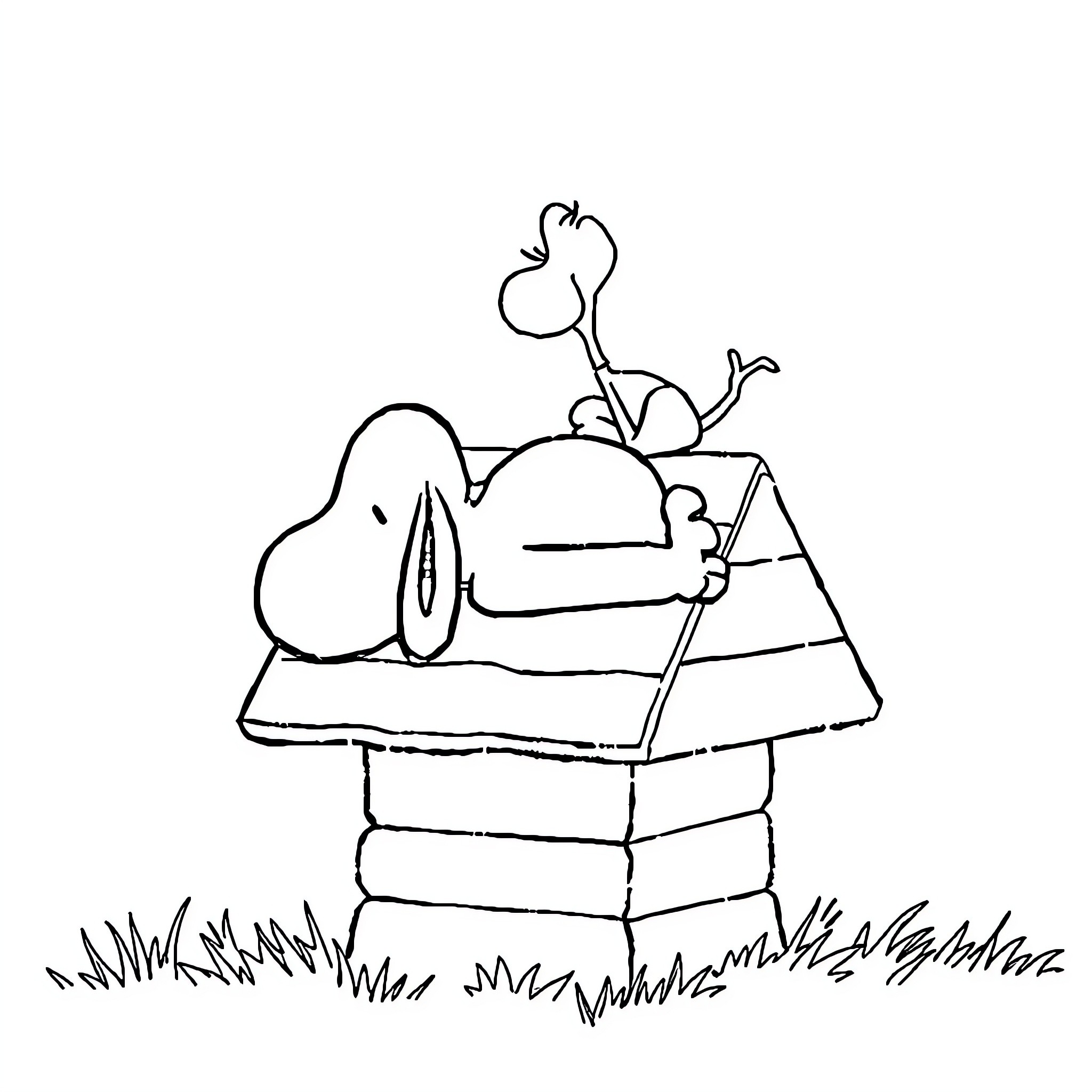 Snoopy relaxing atop his doghouse Coloring Page (free black-and-white line drawing printable PDF for all, from beginners to advanced learners, including children, teens, adults, and seniors)