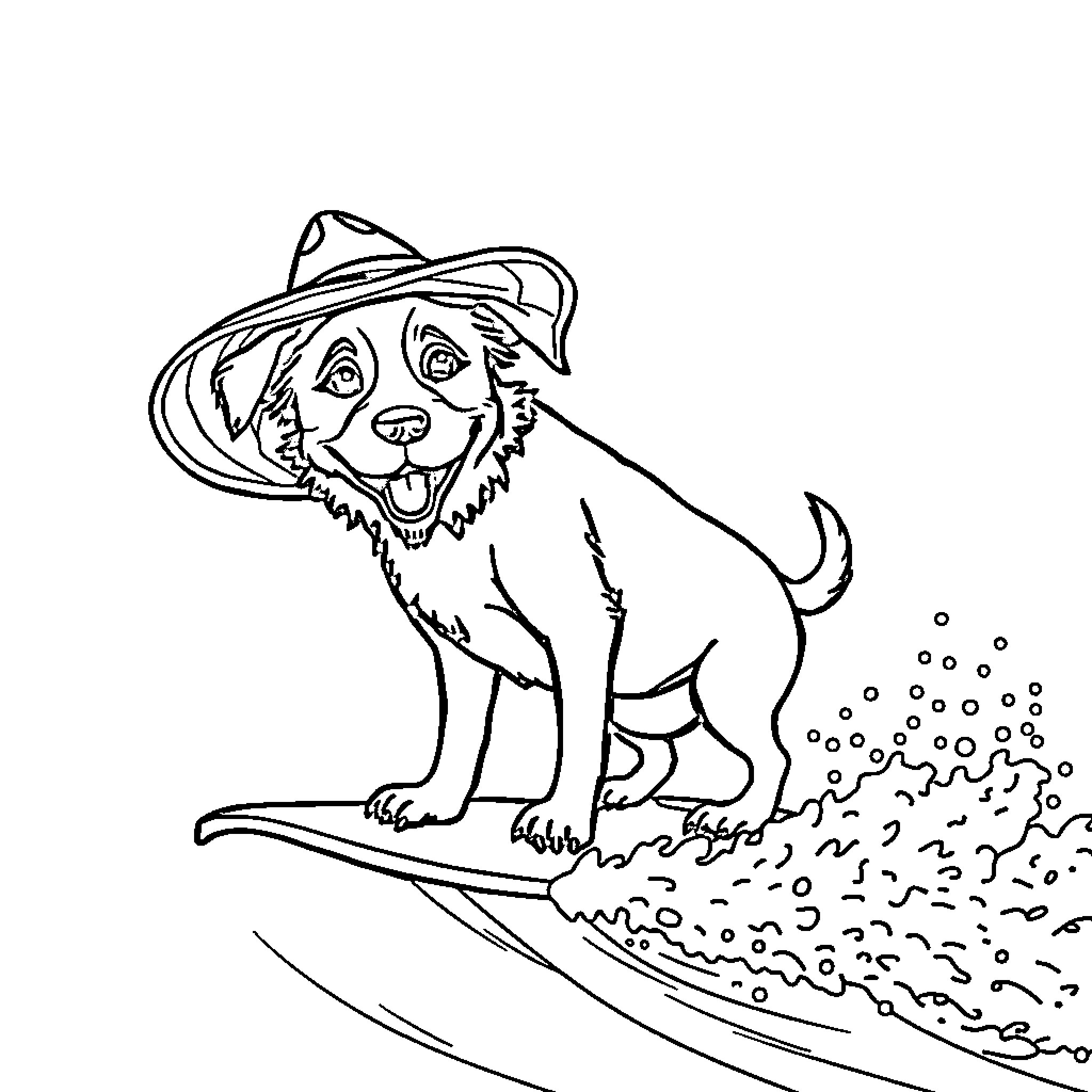 Dog surfing happily on the waves Coloring Page (free black-and-white line drawing printable PDF for all, from beginners to advanced learners, including children, teens, adults, and seniors)