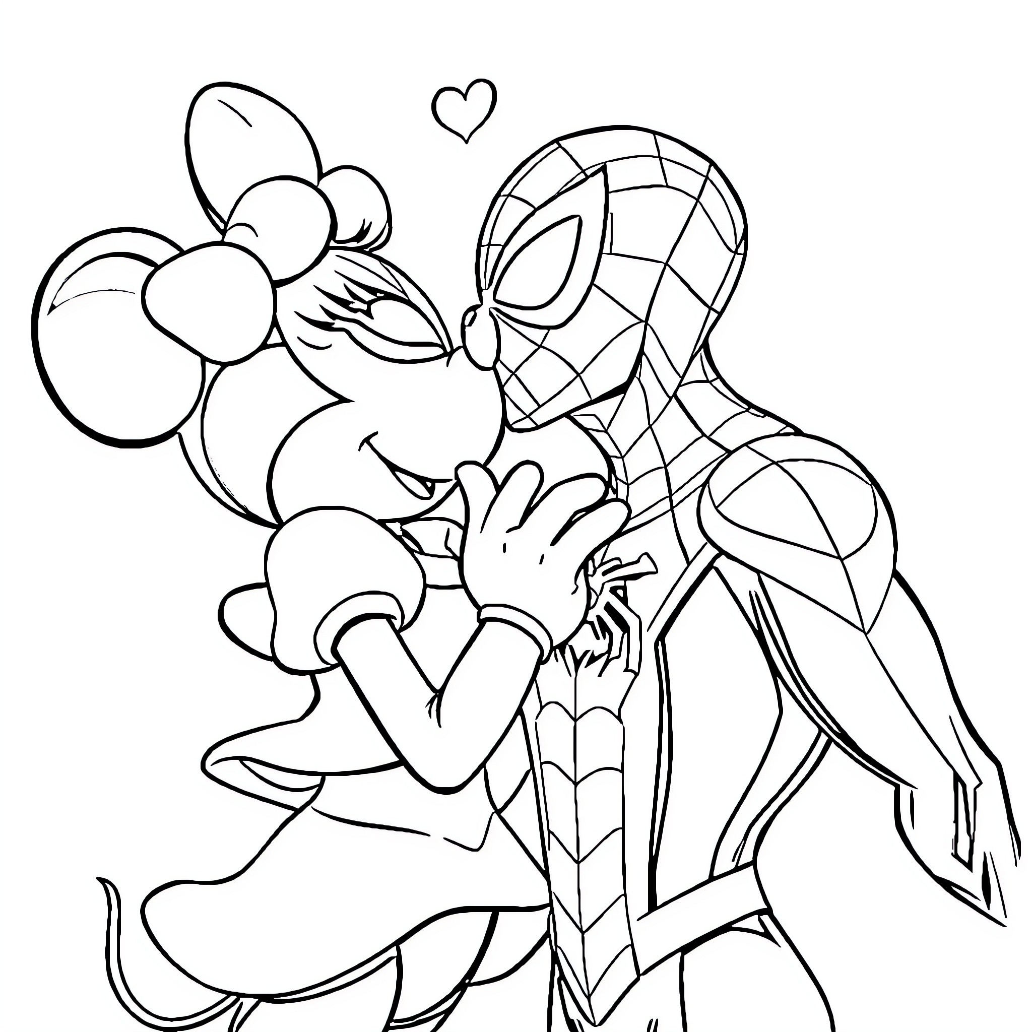 Spider-Man embracing Minnie Mouse with affection Coloring Page (free black-and-white line drawing printable PDF for all, from beginners to advanced learners, including children, teens, adults, and seniors)