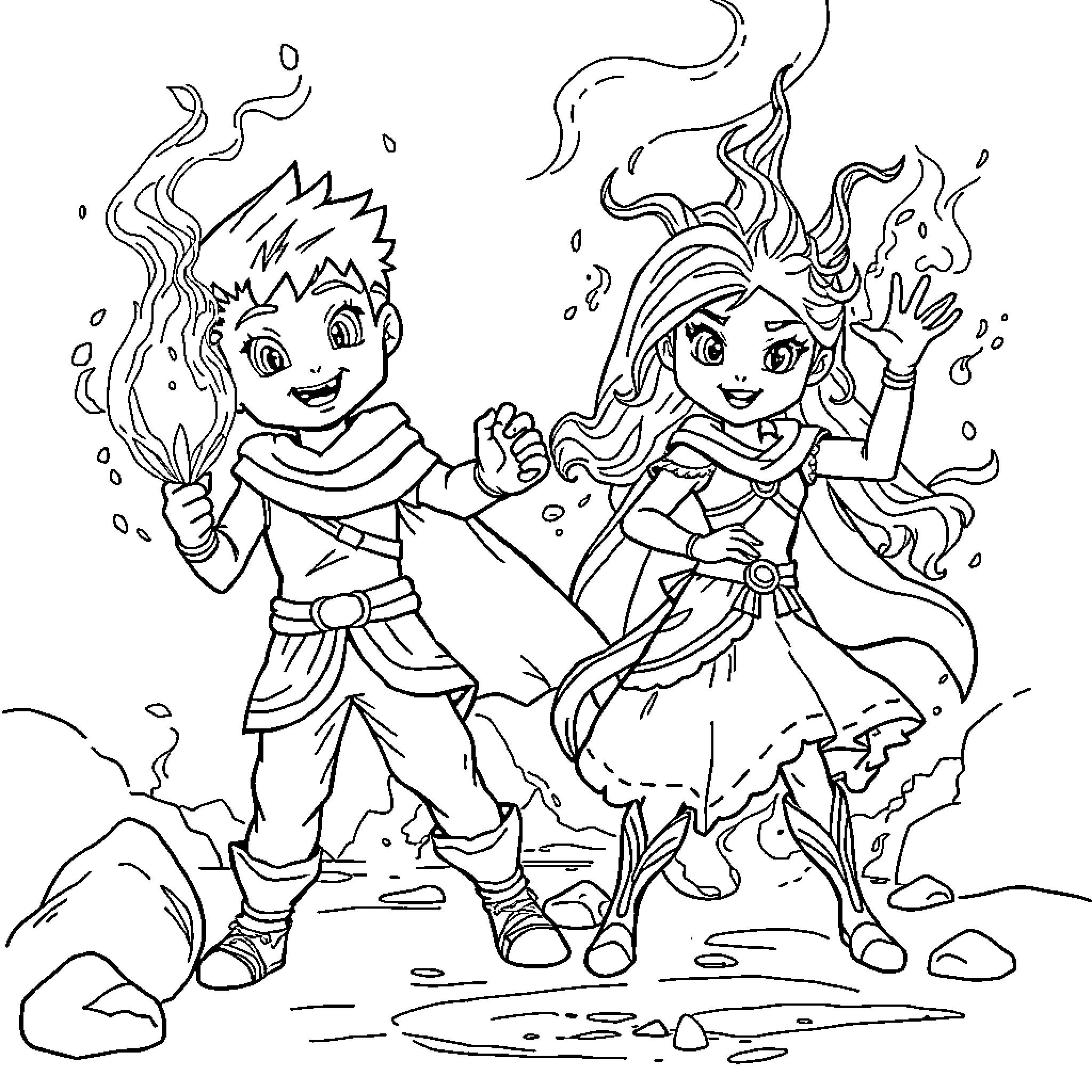 Water Boy and Lava Girl Battling with Elemental Powers Coloring Page (free black-and-white line drawing printable PDF for all, from beginners to advanced learners, including children, teens, adults, and seniors)
