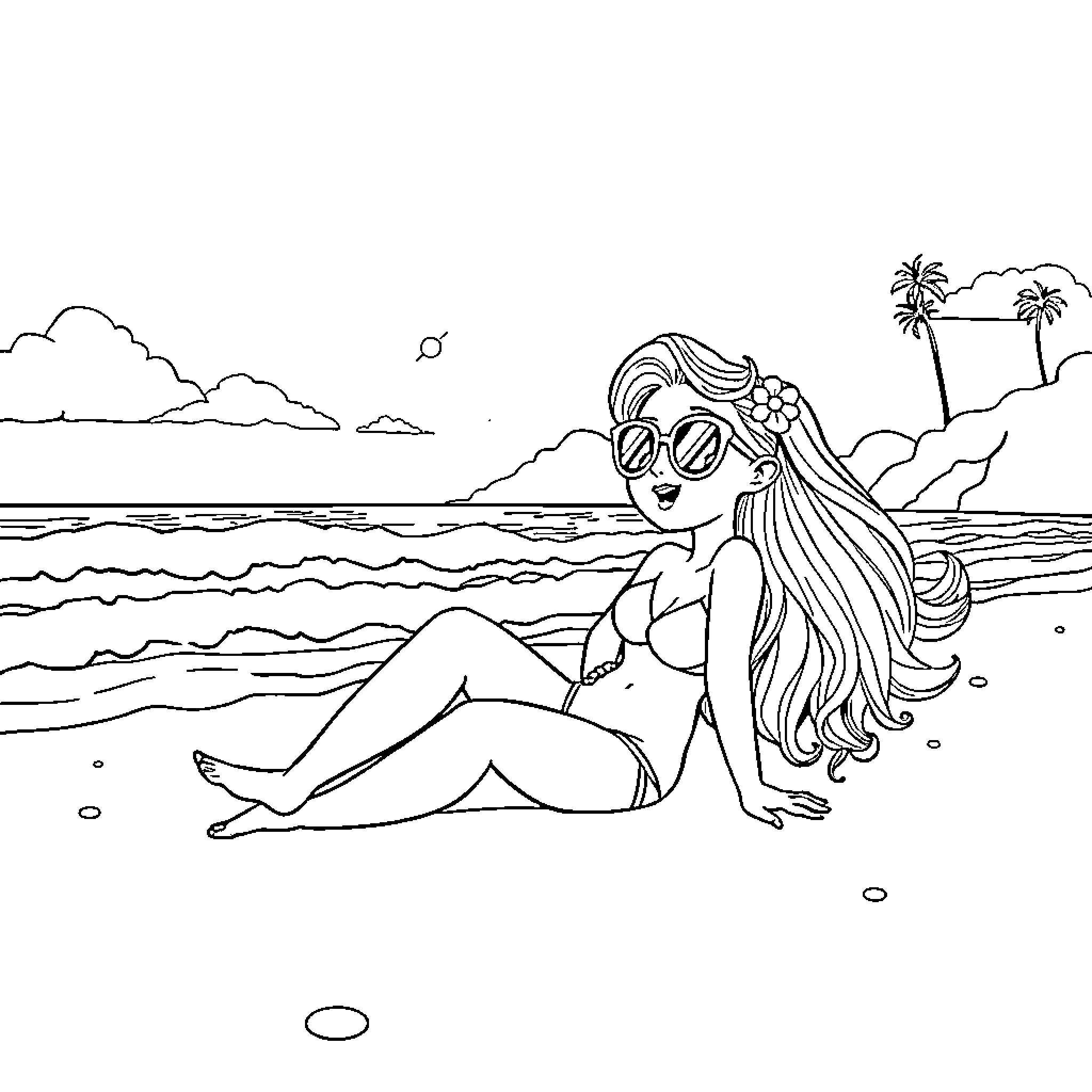 Mina relaxing on the beach Coloring Page (free black-and-white line drawing printable PDF for all, from beginners to advanced learners, including children, teens, adults, and seniors)
