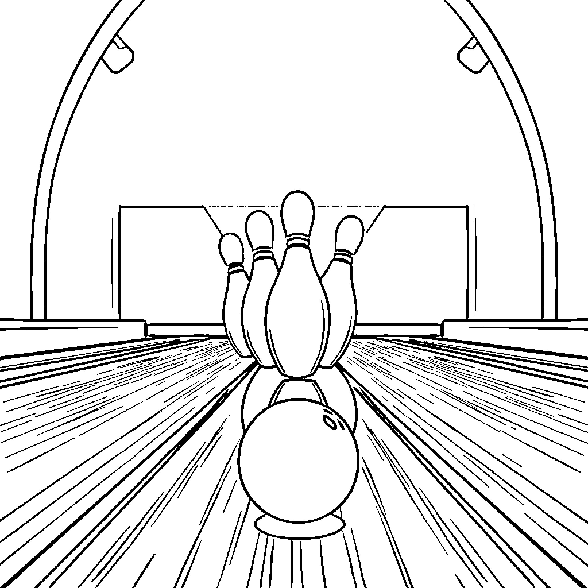 Bowling pins knocked down in action Coloring Page (free black-and-white line drawing printable PDF for all, from beginners to advanced learners, including children, teens, adults, and seniors)