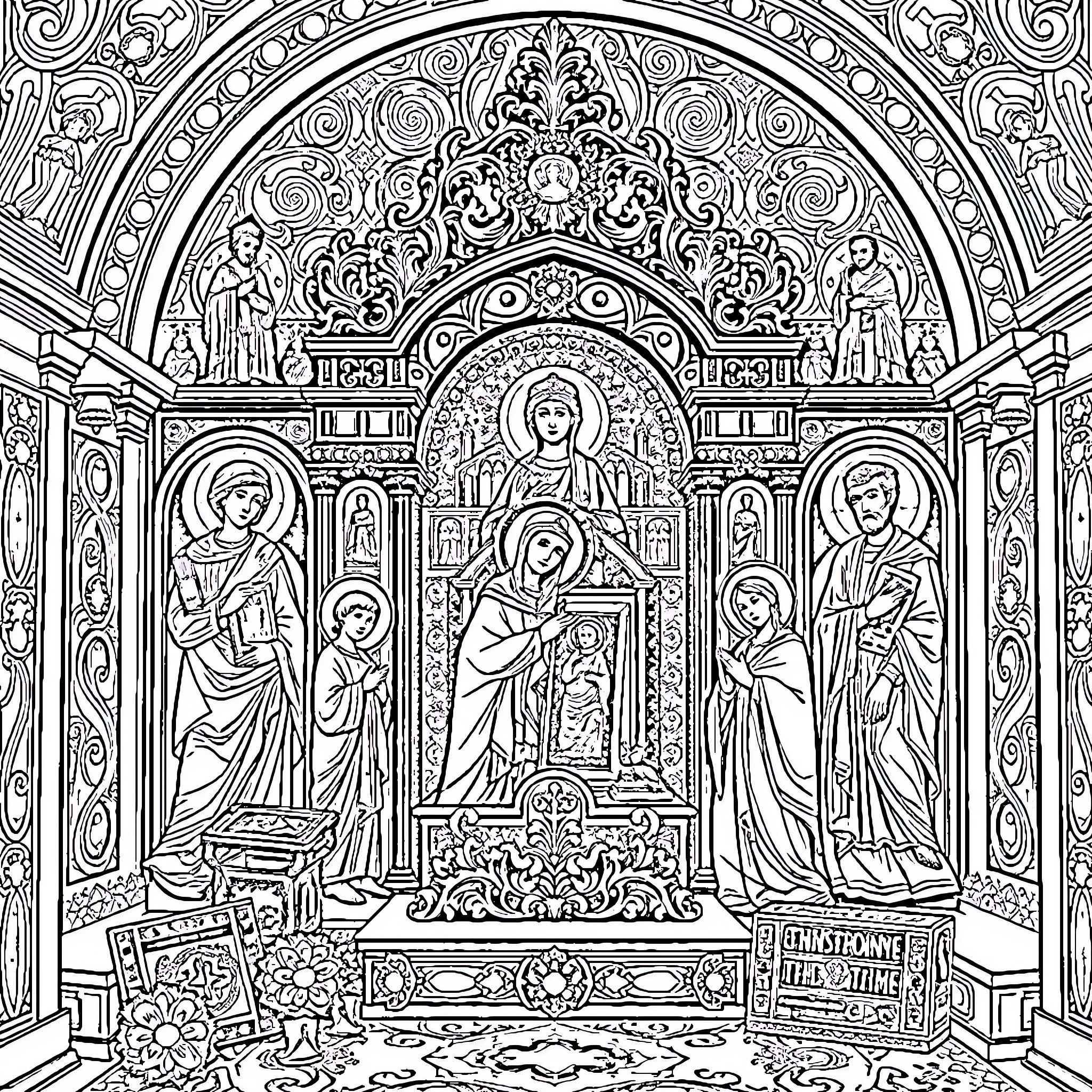 Iconostasis of a Byzantine Orthodox Church Coloring Page (free black-and-white line drawing printable PDF for all, from beginners to advanced learners, including children, teens, adults, and seniors)