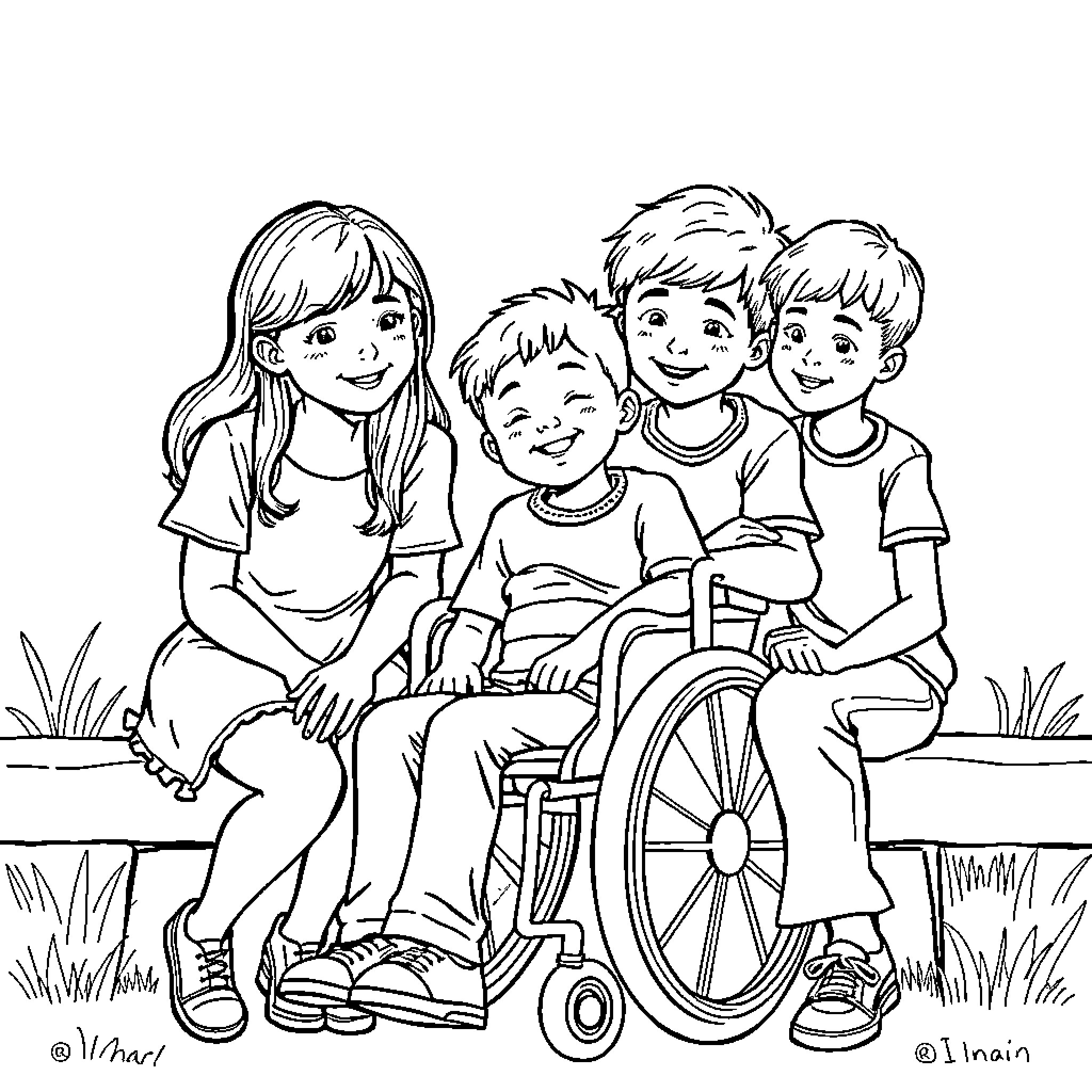 Person in wheelchair with friends enjoying nature Coloring Page (free black-and-white line drawing printable PDF for all, from beginners to advanced learners, including children, teens, adults, and seniors)