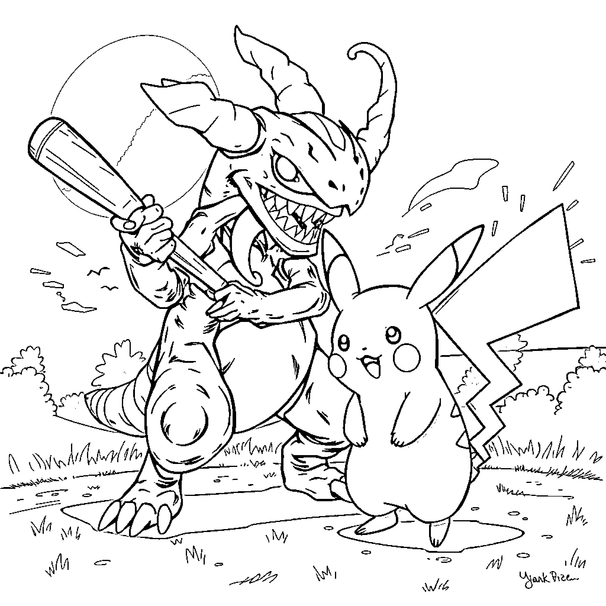Demogorgon and Pokemon battling in the outdoors Coloring Page (free black-and-white line drawing printable PDF for all, from beginners to advanced learners, including children, teens, adults, and seniors)
